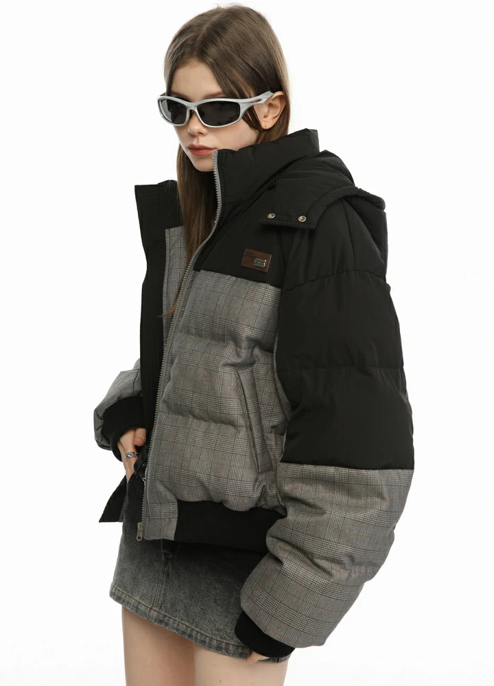 Women's Colorblock Hooded Puffer Jacket featuring a stylish design with a warm hood and cozy duck down insulation.