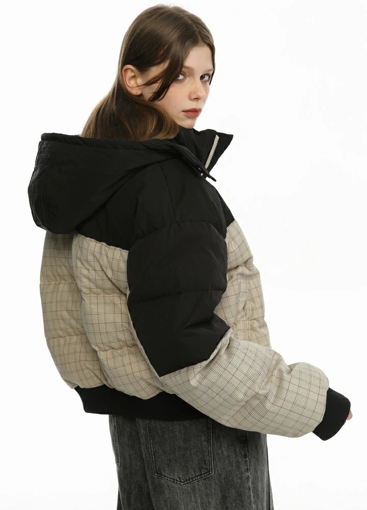 Women's Colorblock Hooded Puffer Jacket featuring a stylish design with a warm hood and cozy duck down insulation.