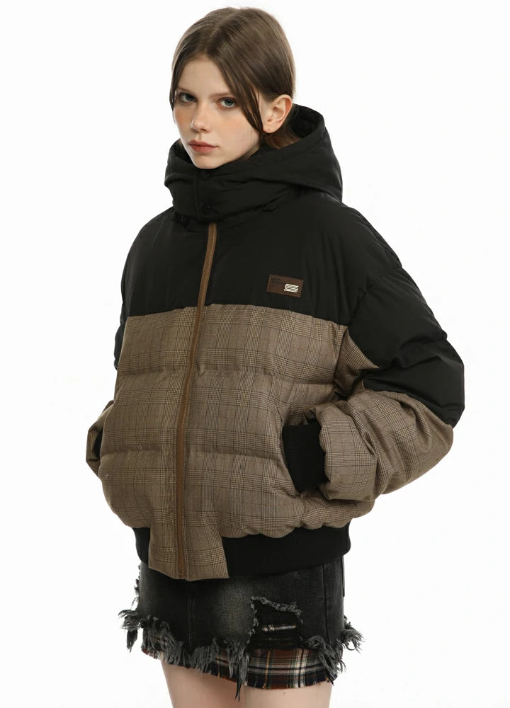 Women's Colorblock Hooded Puffer Jacket featuring a stylish design with a warm hood and cozy duck down insulation.