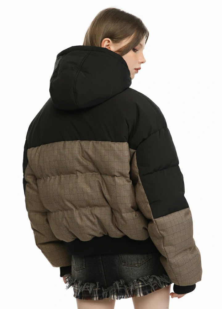 Women's Colorblock Hooded Puffer Jacket featuring a stylish design with a warm hood and cozy duck down insulation.