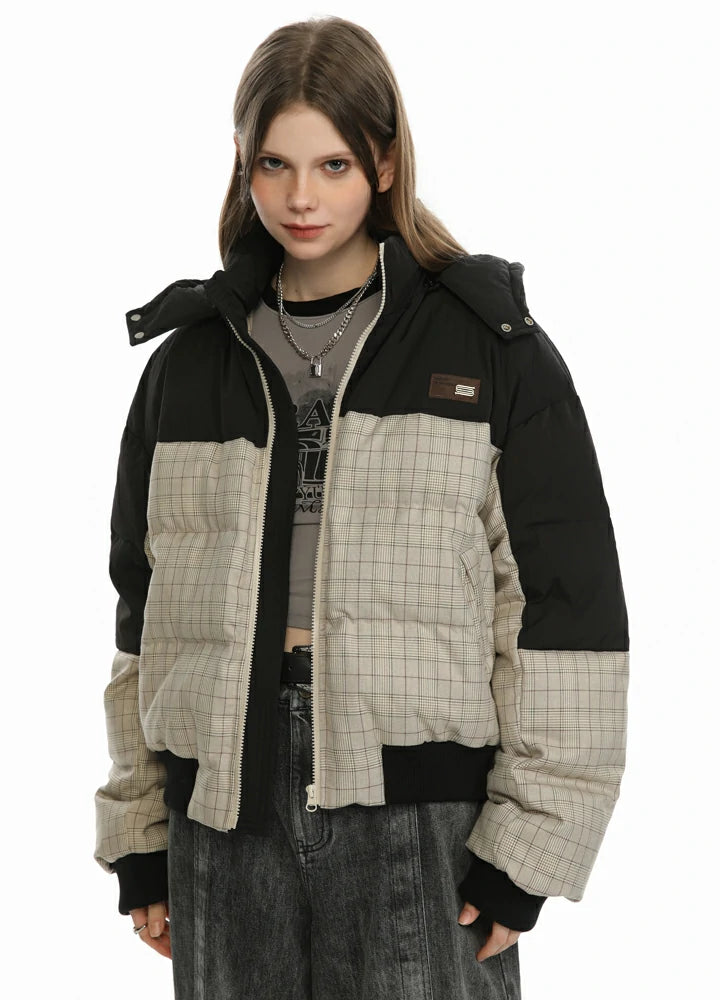 Women's Colorblock Hooded Puffer Jacket featuring a stylish design with a warm hood and cozy duck down insulation.