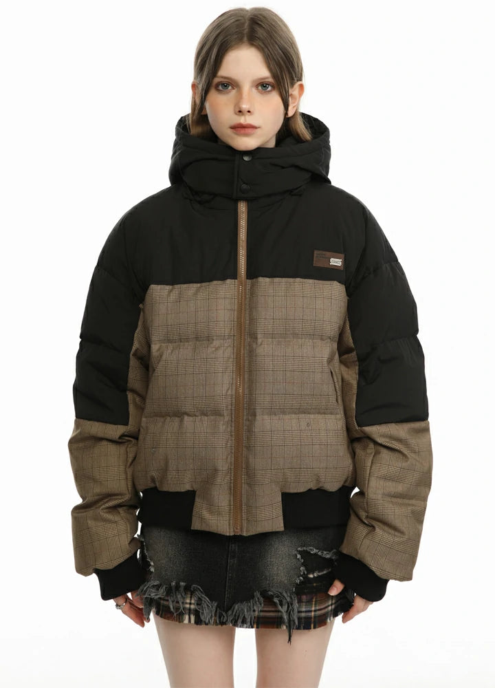 Women's Colorblock Hooded Puffer Jacket featuring a stylish design with a warm hood and cozy duck down insulation.