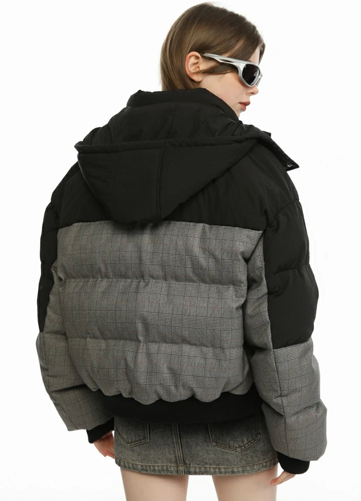 Women's Colorblock Hooded Puffer Jacket featuring a stylish design with a warm hood and cozy duck down insulation.