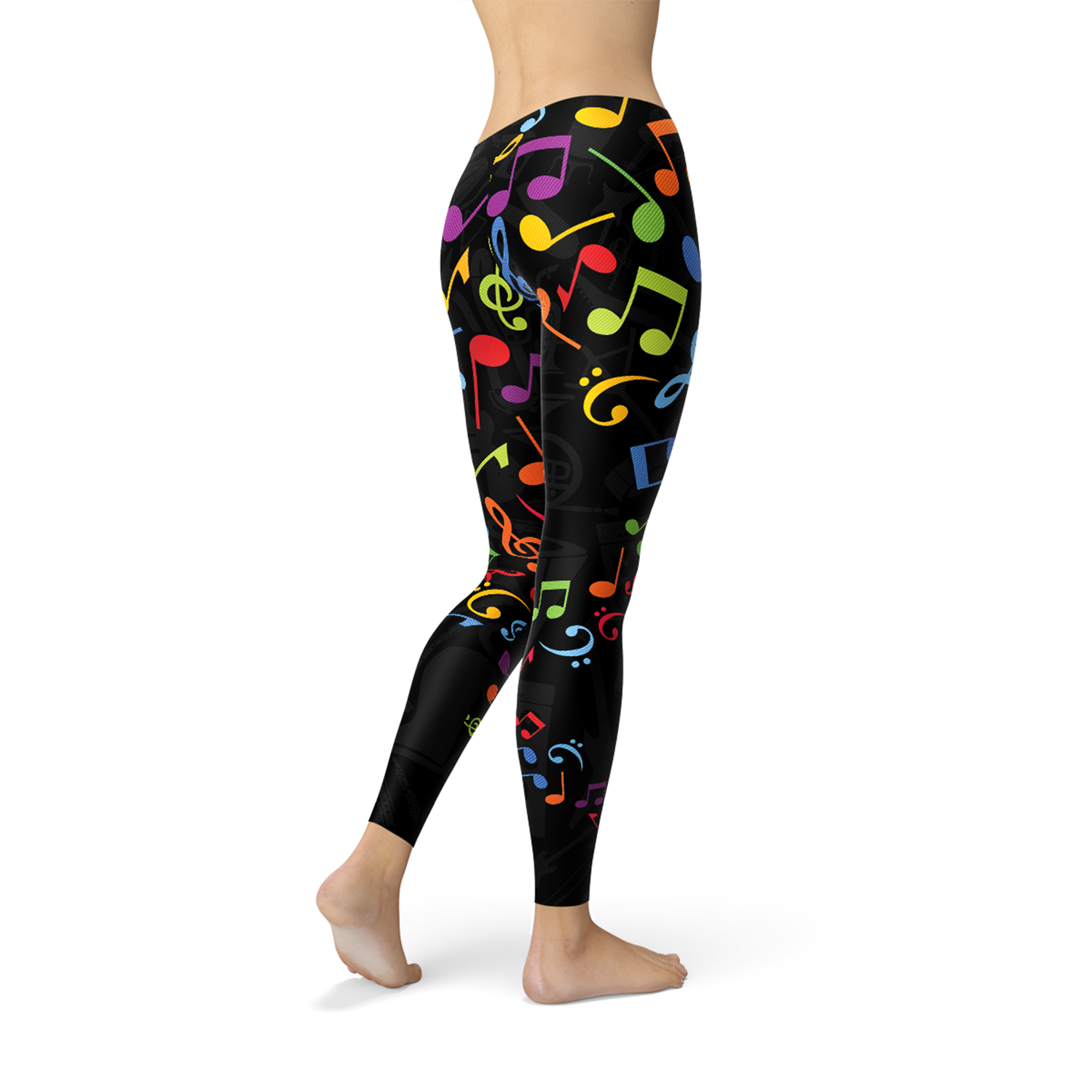 A pair of vibrant women's leggings featuring colorful music notes design, perfect for workouts and casual wear.