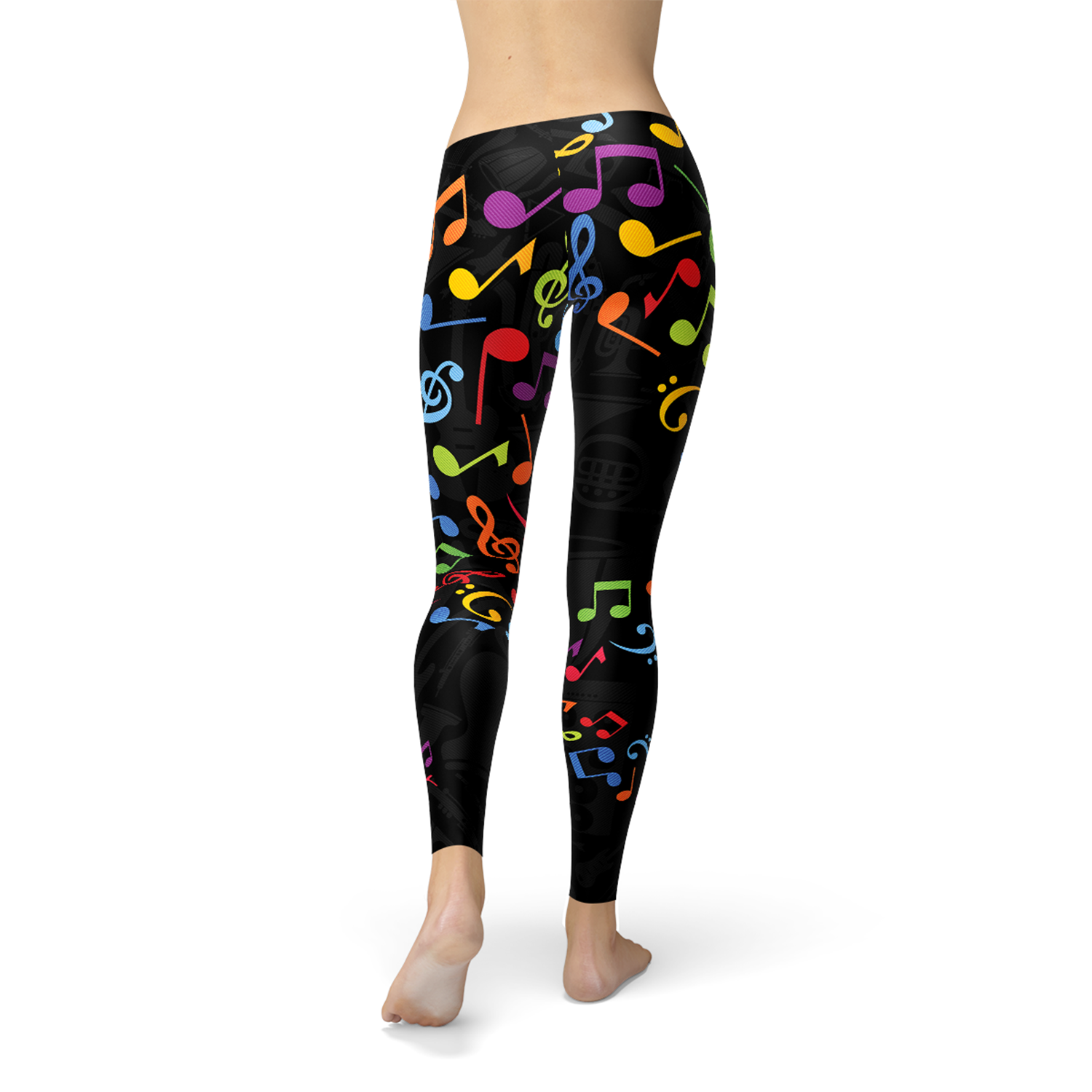 A pair of vibrant women's leggings featuring colorful music notes design, perfect for workouts and casual wear.