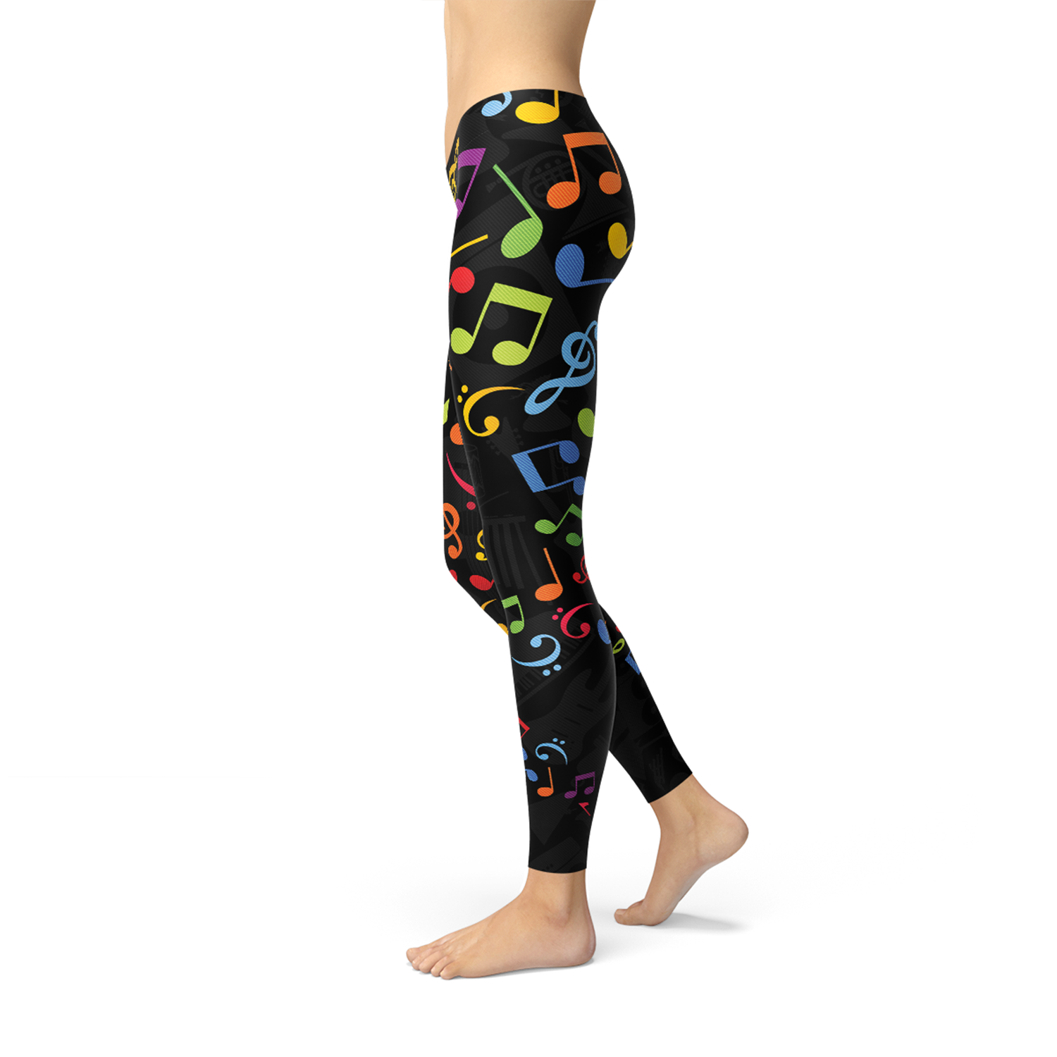 A pair of vibrant women's leggings featuring colorful music notes design, perfect for workouts and casual wear.