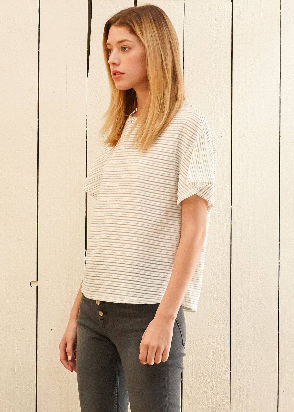 Women's Crewneck Tee in White featuring a drop shoulder design and mesh stripe, made from 95% polyester and 5% spandex.