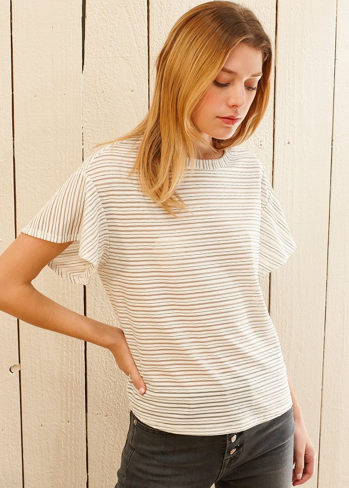 Women's Crewneck Tee in White featuring a drop shoulder design and mesh stripe, made from 95% polyester and 5% spandex.