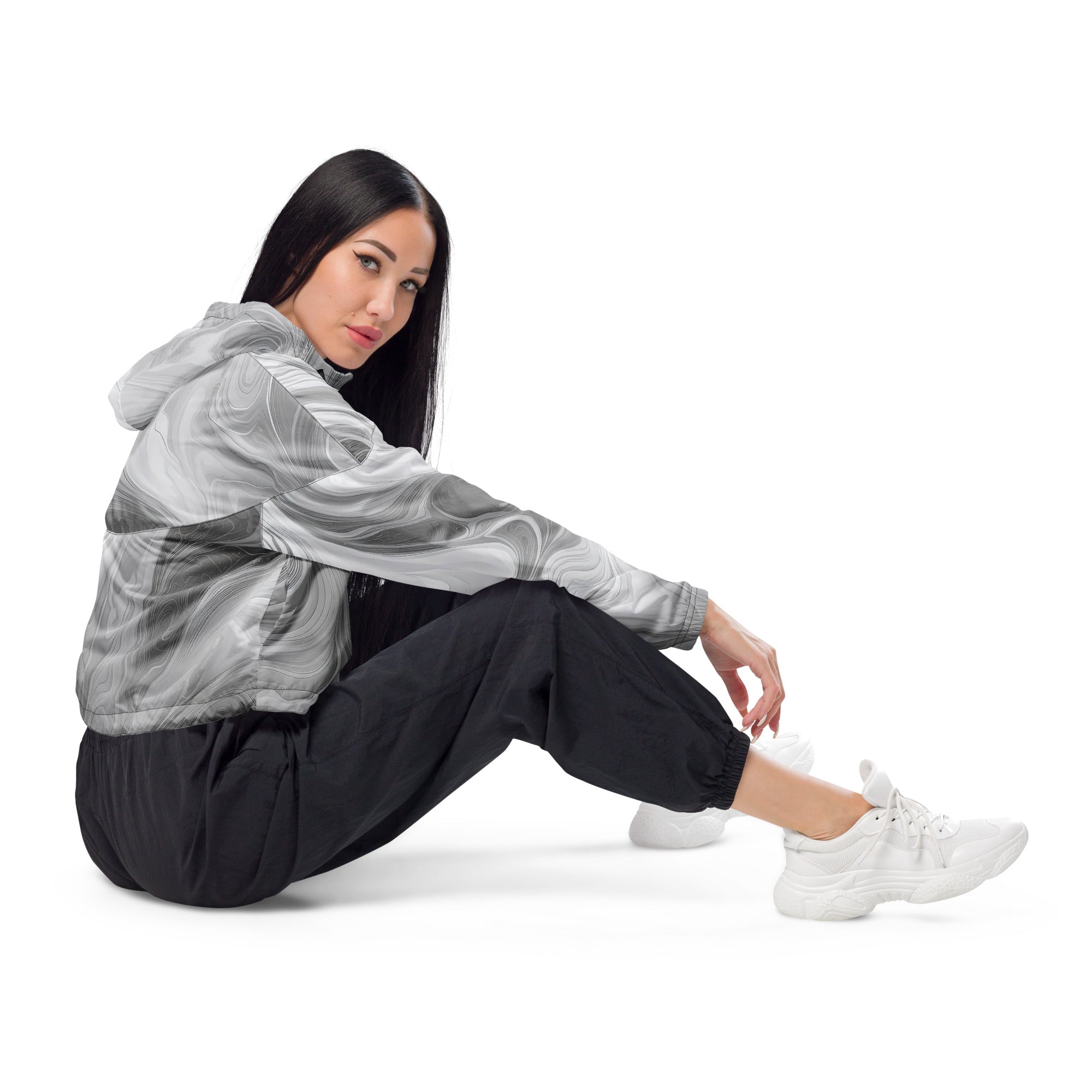 Women's Cropped Windbreaker Jacket in Grey White Boho Marble Print, showcasing its stylish design and functional features.