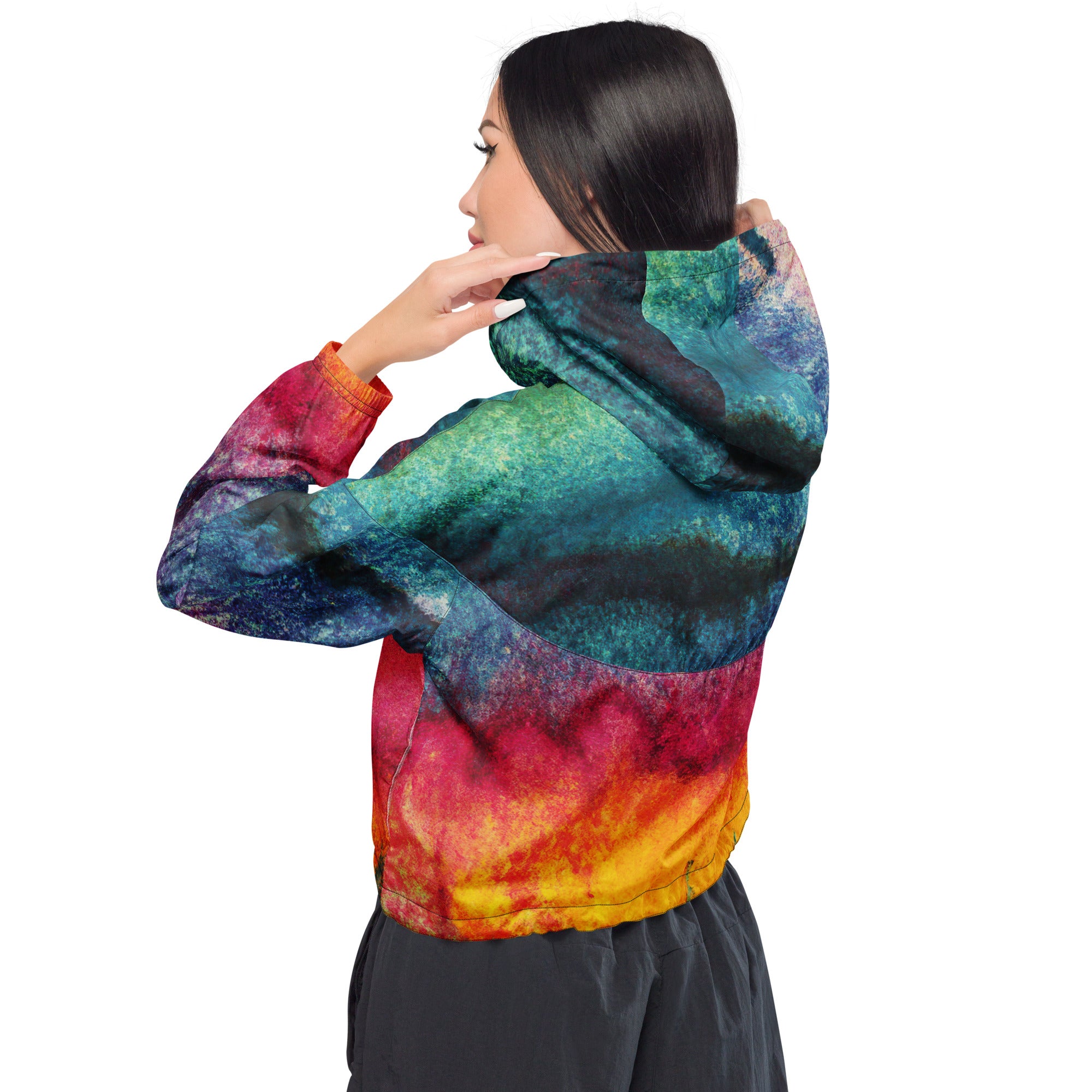 Women's Cropped Windbreaker Jacket in multicolor abstract pattern, showcasing its stylish design and functional features.