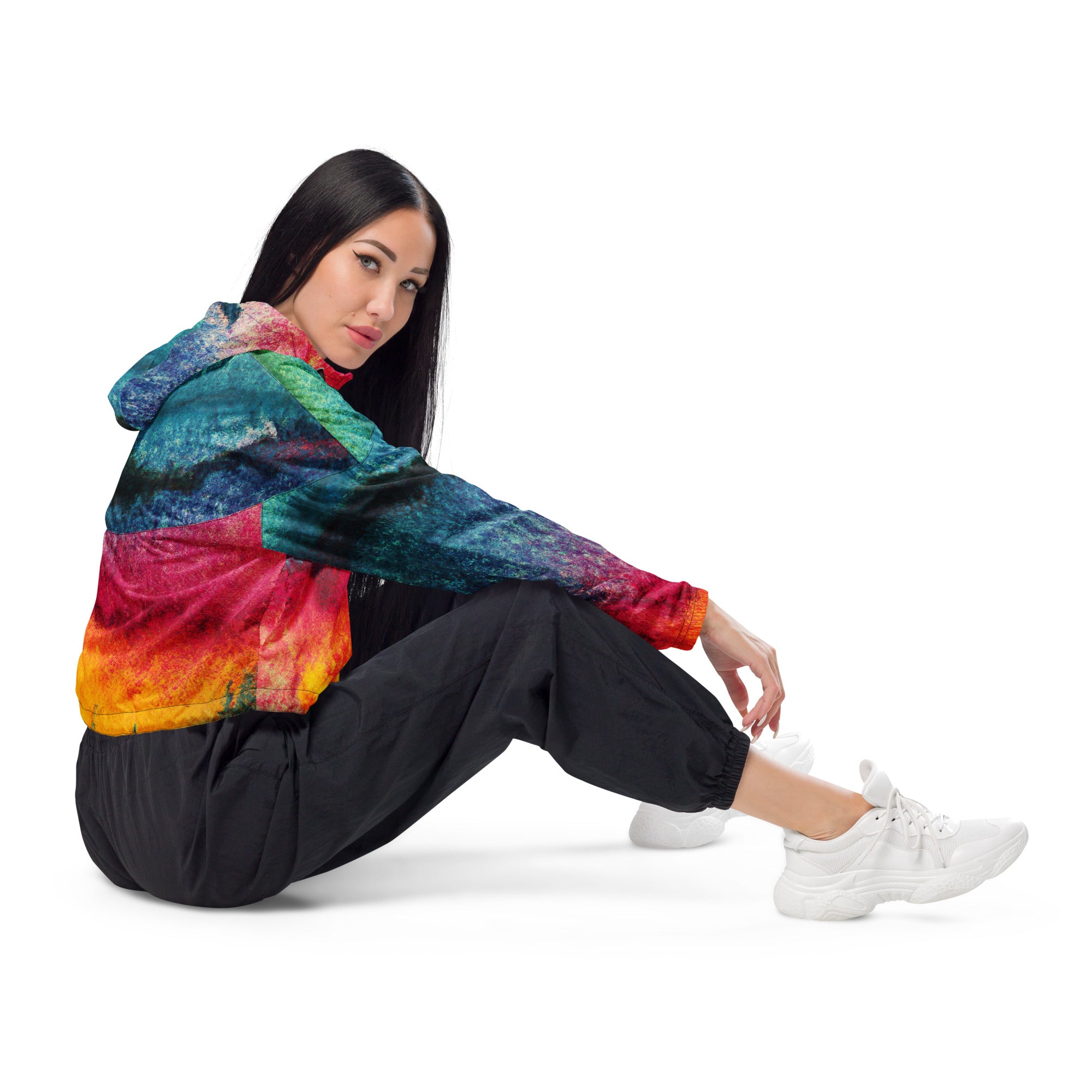 Women's Cropped Windbreaker Jacket in multicolor abstract pattern, showcasing its stylish design and functional features.