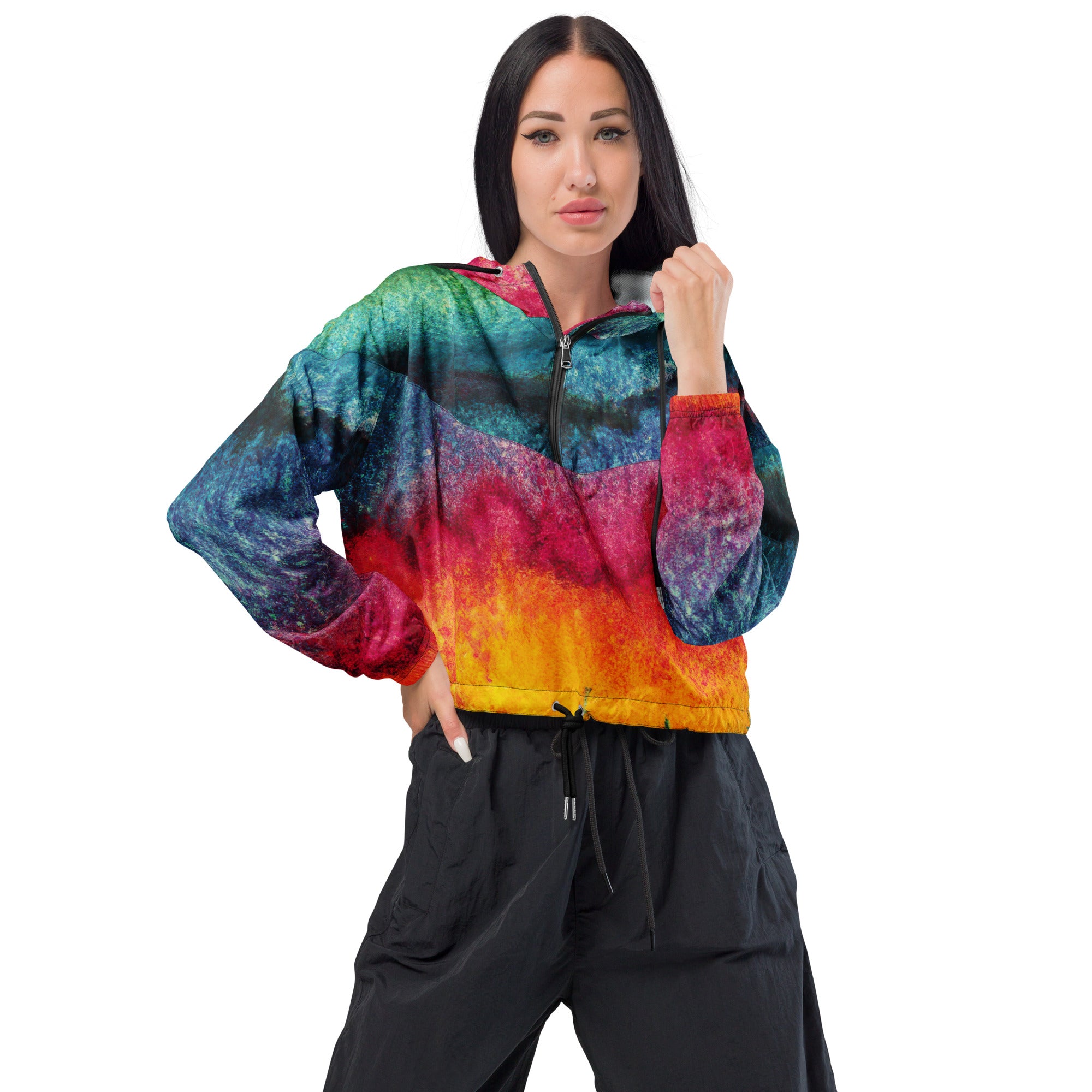 Women's Cropped Windbreaker Jacket in multicolor abstract pattern, showcasing its stylish design and functional features.