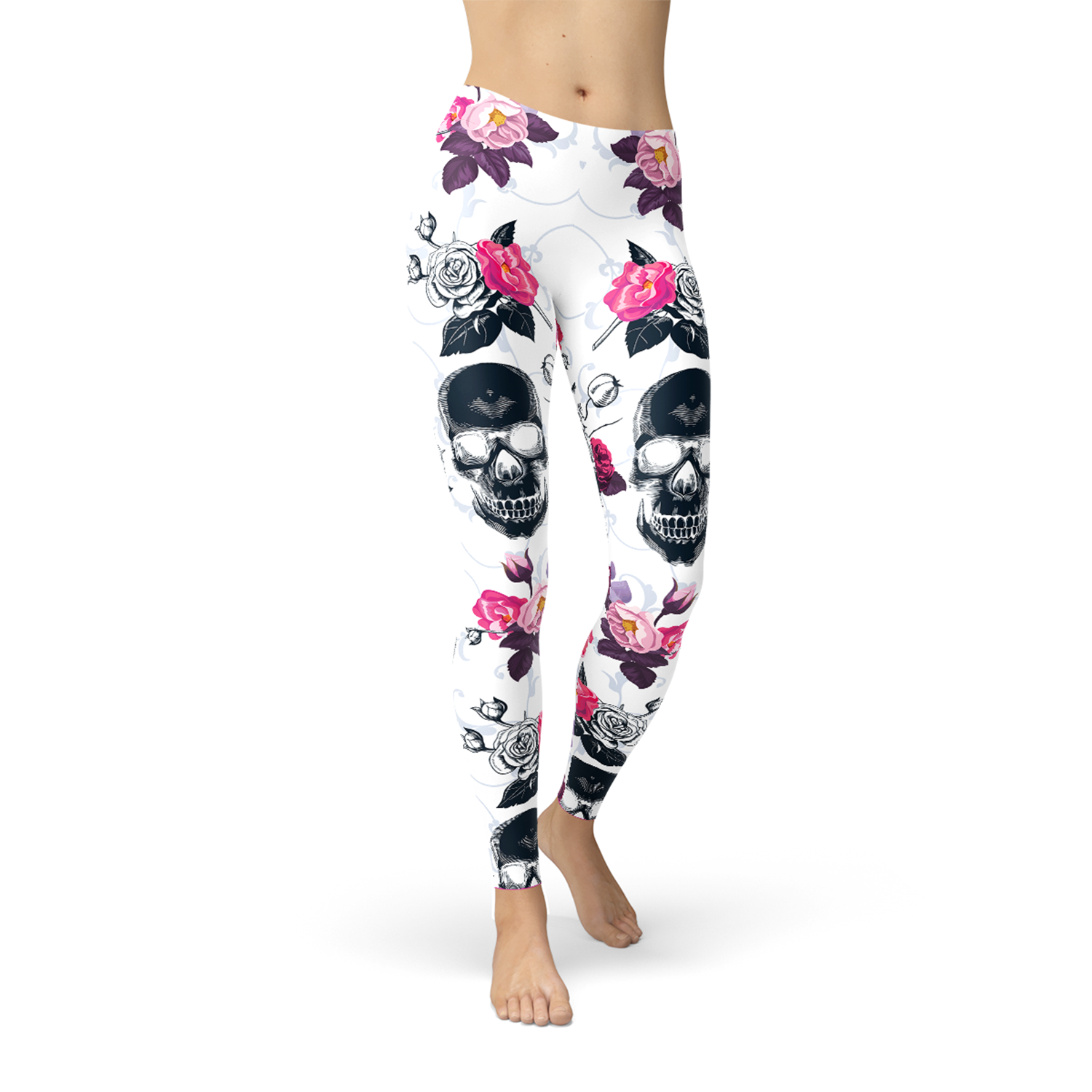 Womens Day Of The Dead Leggings featuring pink floral and black skull design, perfect for stylish workouts and casual wear.