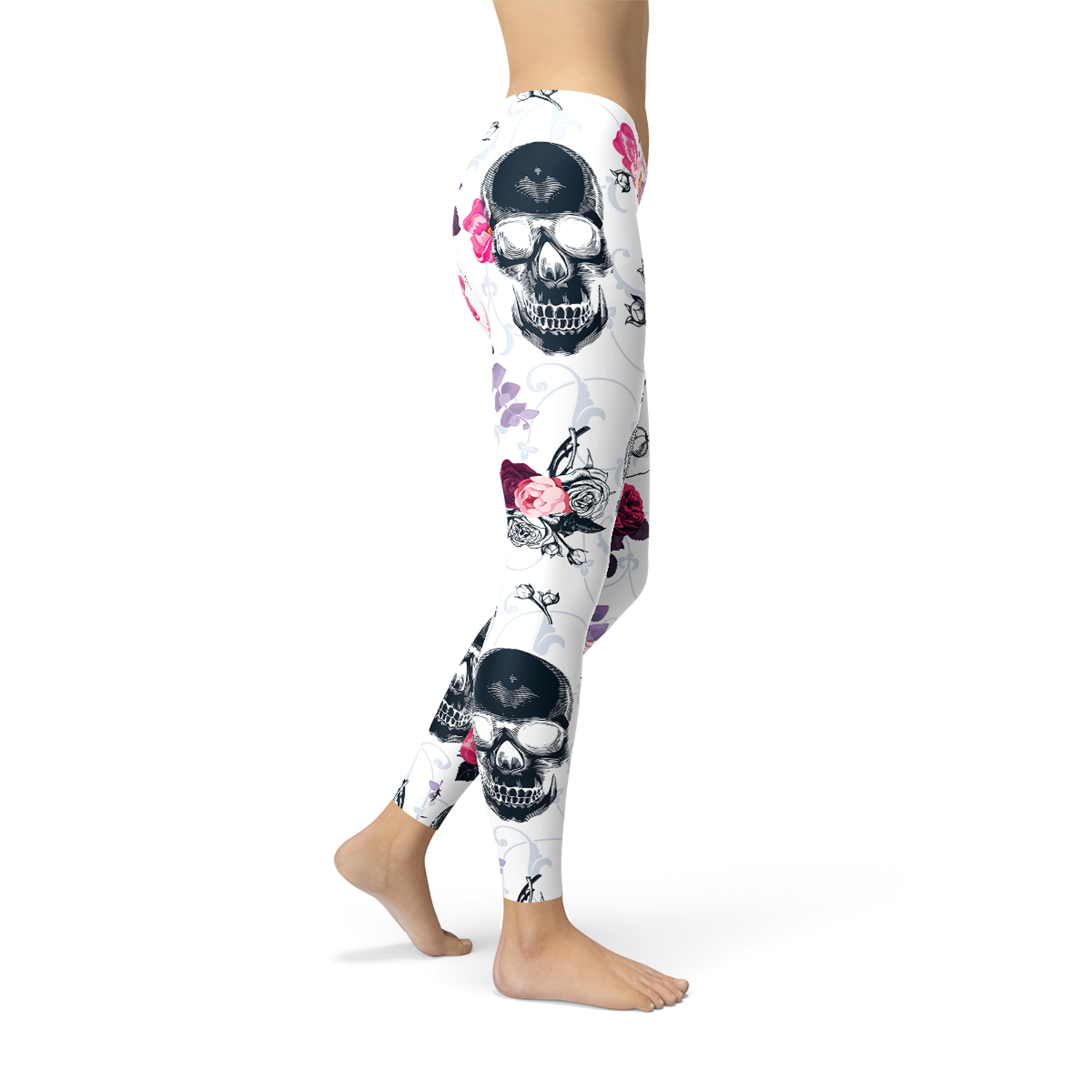 Womens Day Of The Dead Leggings featuring pink floral and black skull design, perfect for stylish workouts and casual wear.