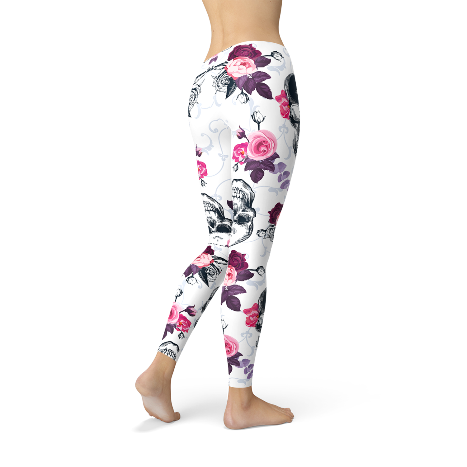 Womens Day Of The Dead Leggings featuring pink floral and black skull design, perfect for stylish workouts and casual wear.