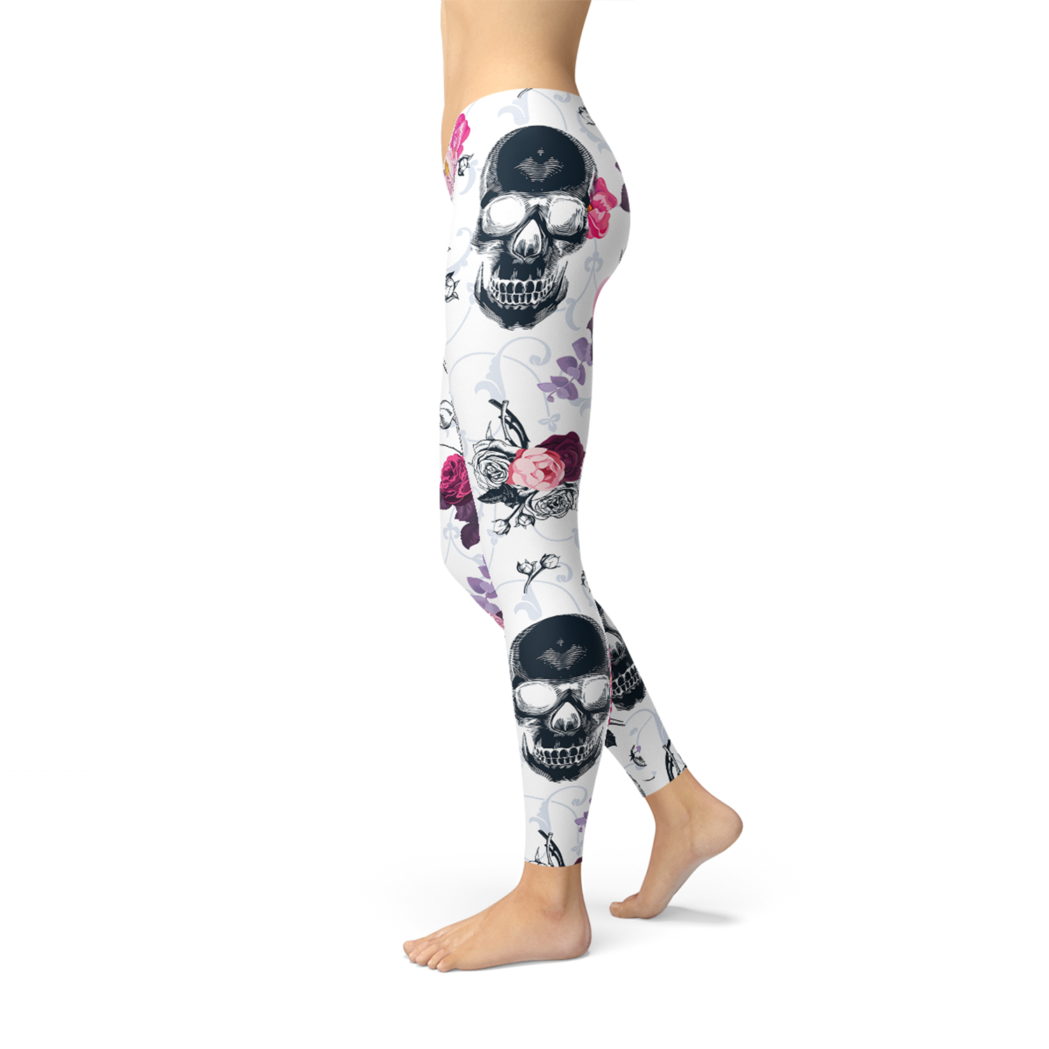 Womens Day Of The Dead Leggings featuring pink floral and black skull design, perfect for stylish workouts and casual wear.