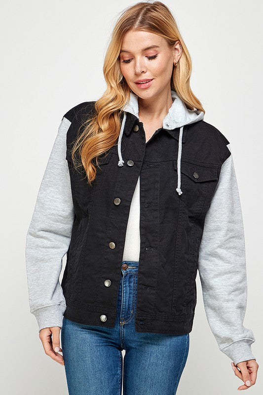 Women's denim jacket featuring a fleece hoodie, soft enzyme-washed fabric, and multiple pockets for a stylish and functional look.