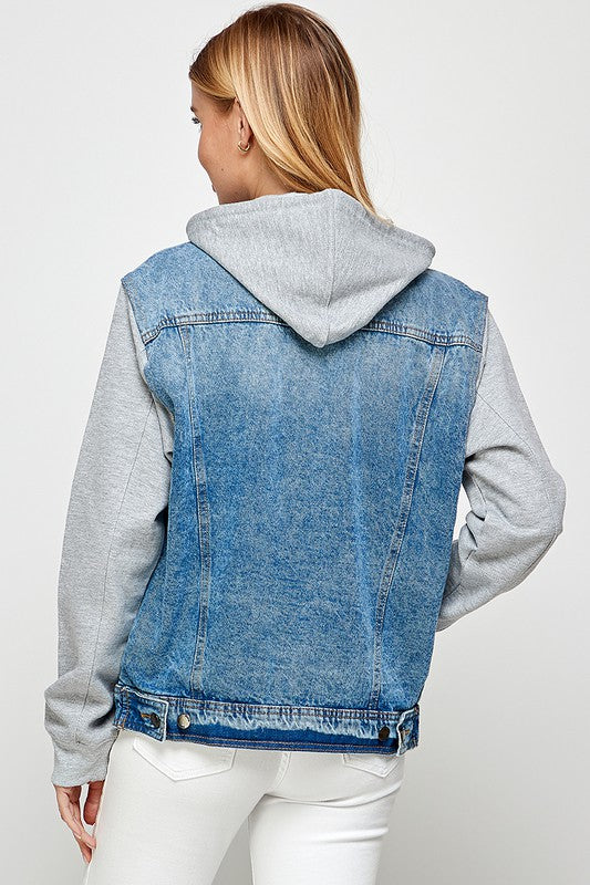 Women's denim jacket featuring a fleece hoodie, soft enzyme-washed fabric, and multiple pockets for a stylish and functional look.