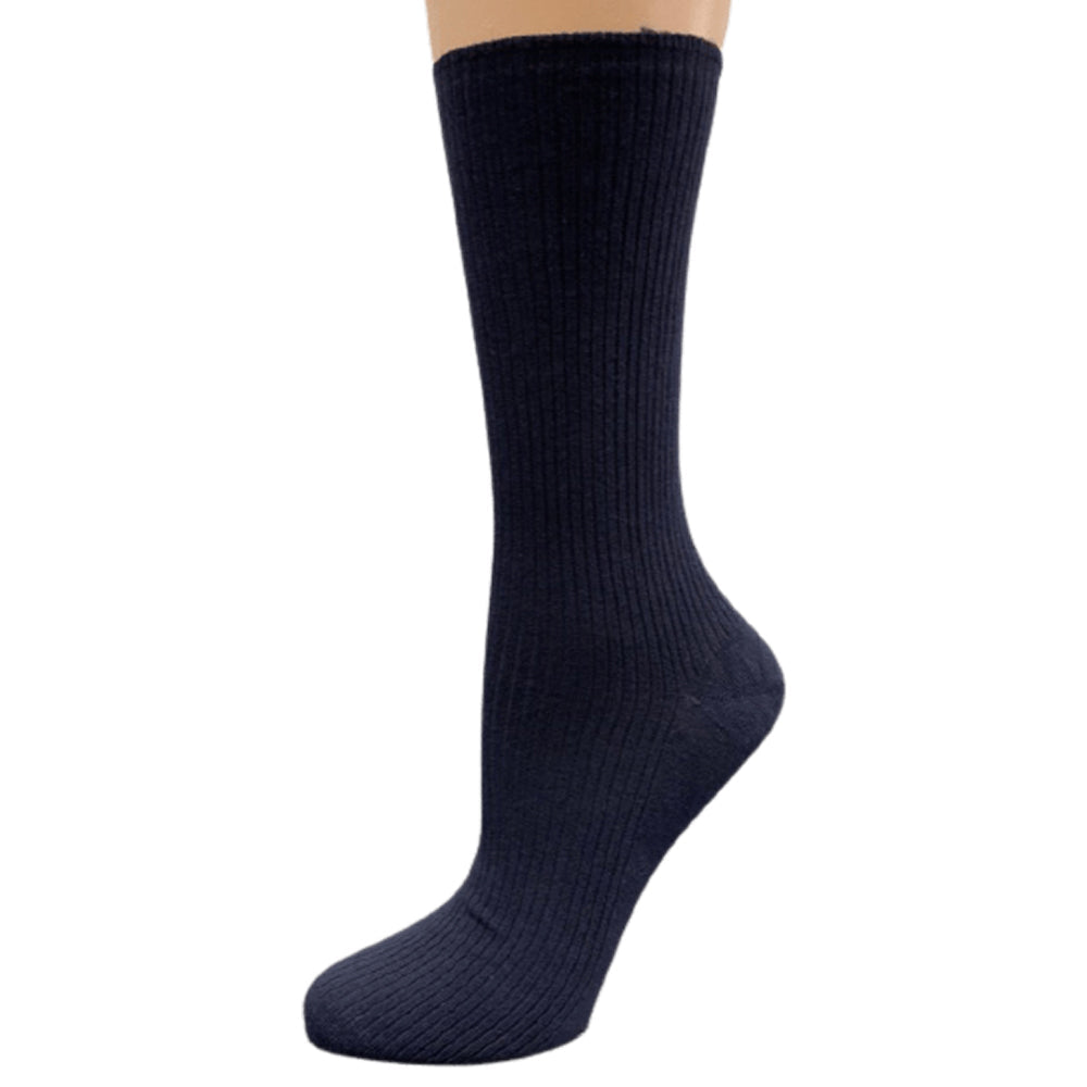 A pack of Women's Diabetic Arthritic Rayon and Bamboo Crew Socks in assorted colors, showcasing their soft texture and non-binding top design.