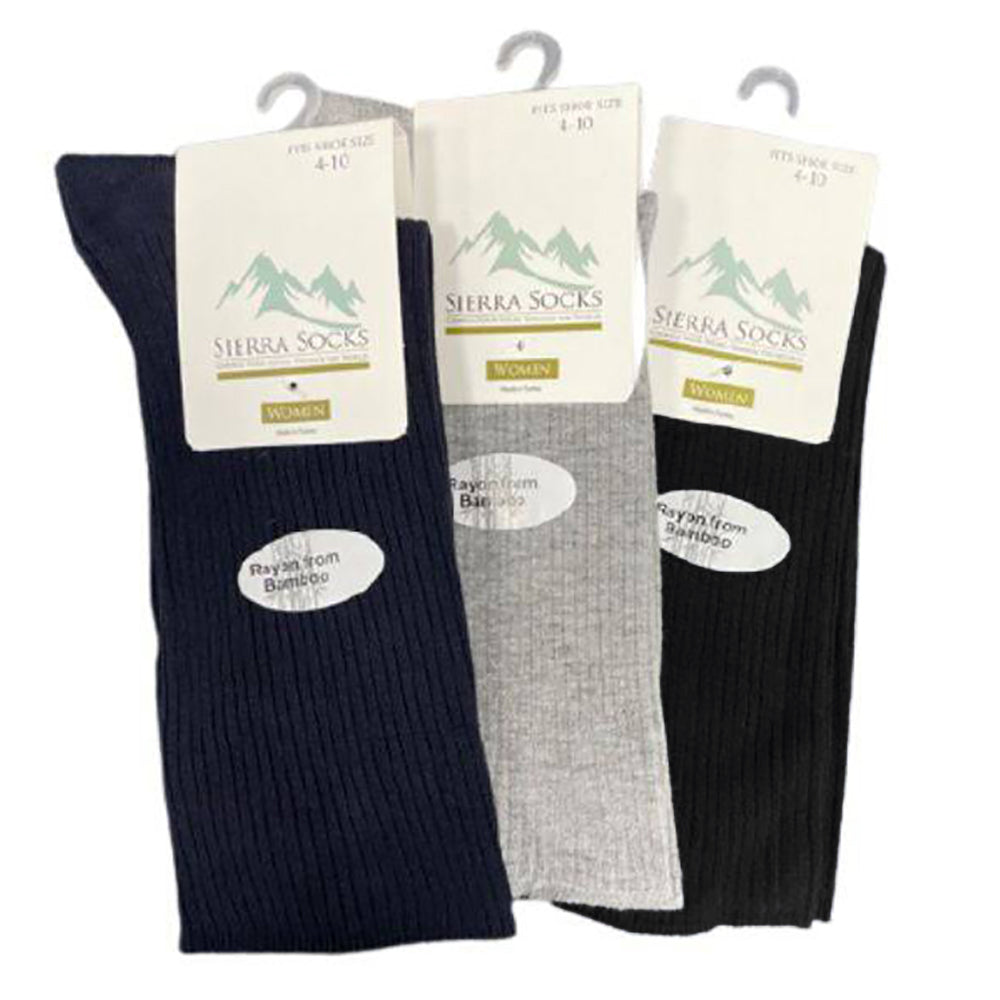 A pack of Women's Diabetic Arthritic Rayon and Bamboo Crew Socks in assorted colors, showcasing their soft texture and non-binding top design.