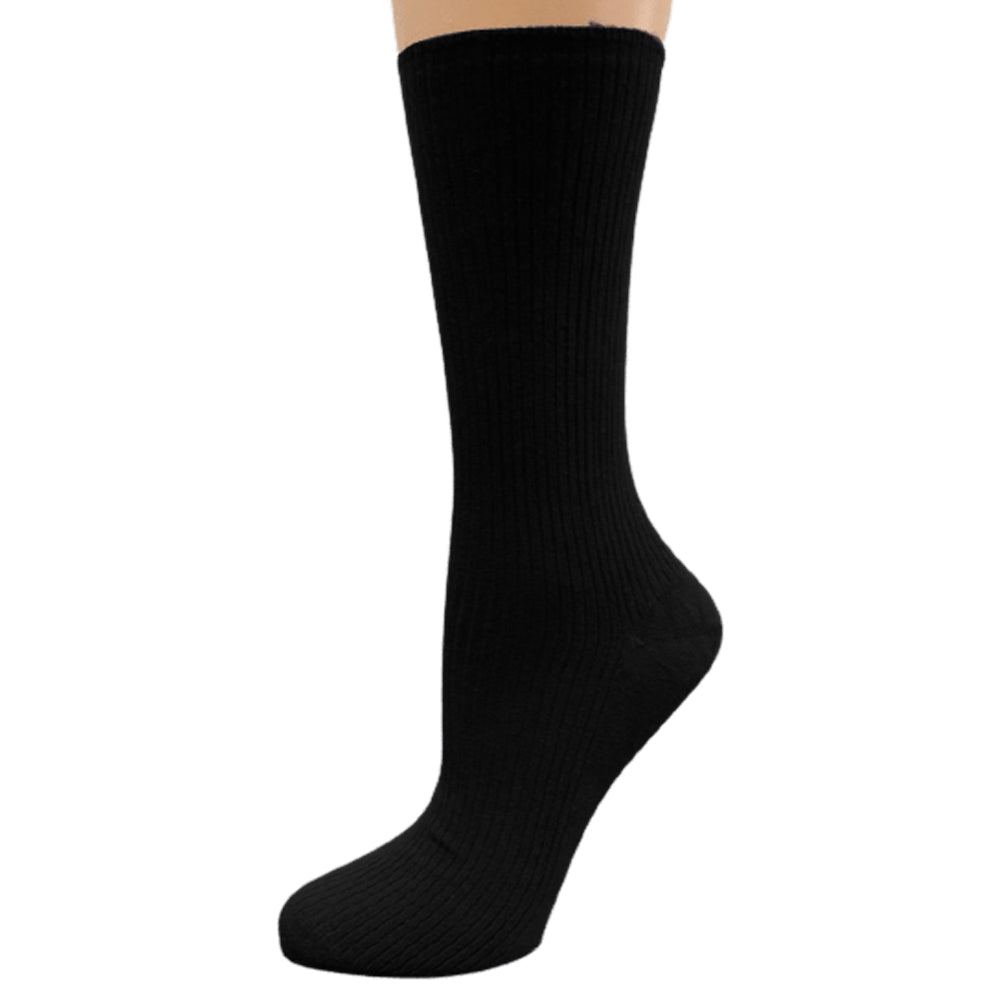 A pack of Women's Diabetic Arthritic Rayon and Bamboo Crew Socks in assorted colors, showcasing their soft texture and non-binding top design.