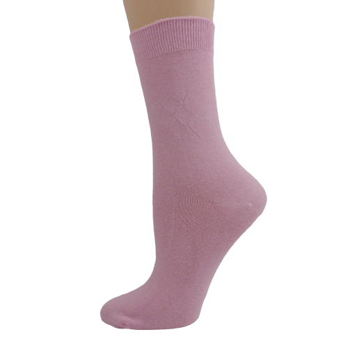 A pair of Women's Diamond Pattern Argyle Bamboo Crew Socks in pink, showcasing a stylish diamond design and soft texture.