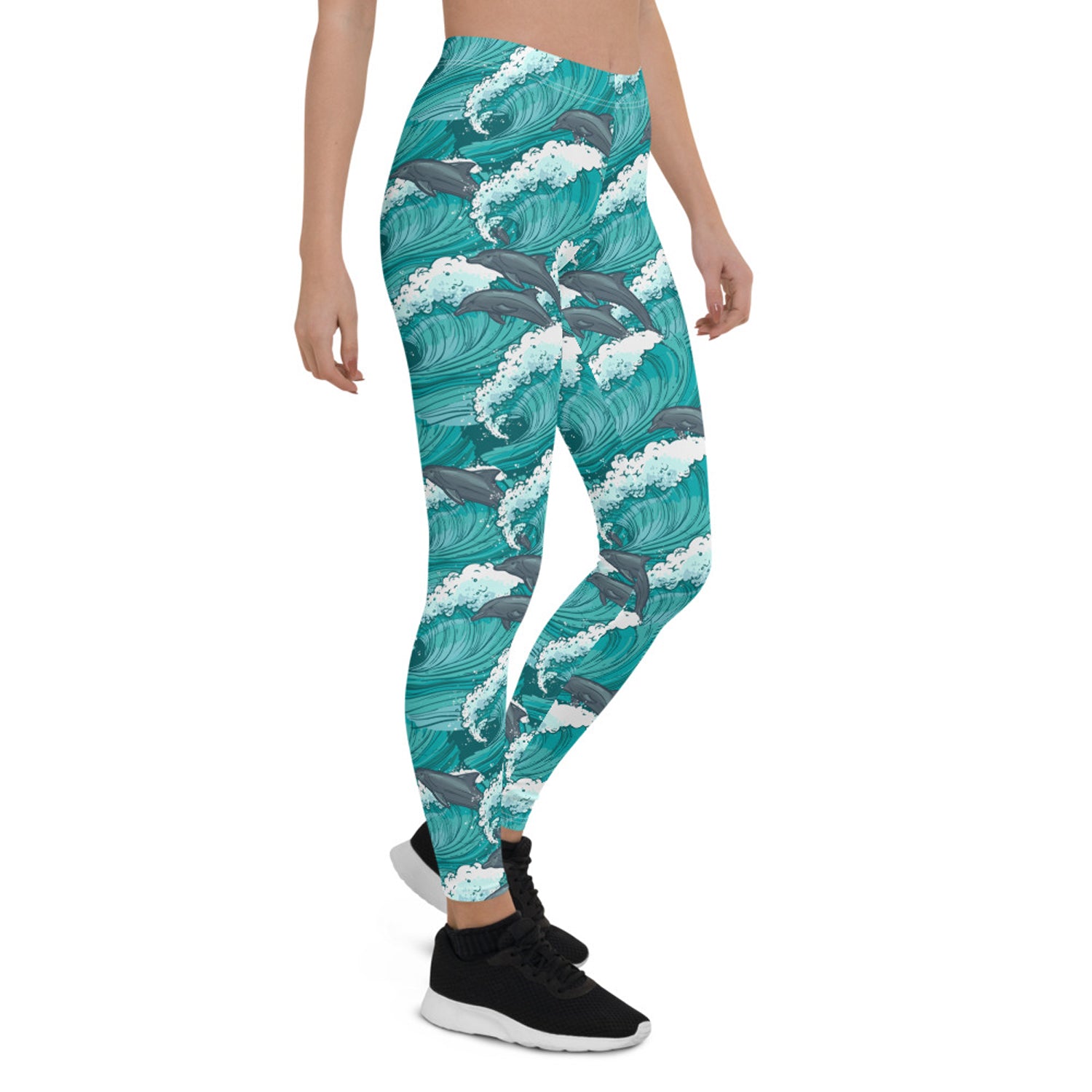 Womens Dolphin and Waves Leggings featuring a vibrant dolphin and wave design, perfect for workouts and casual wear.