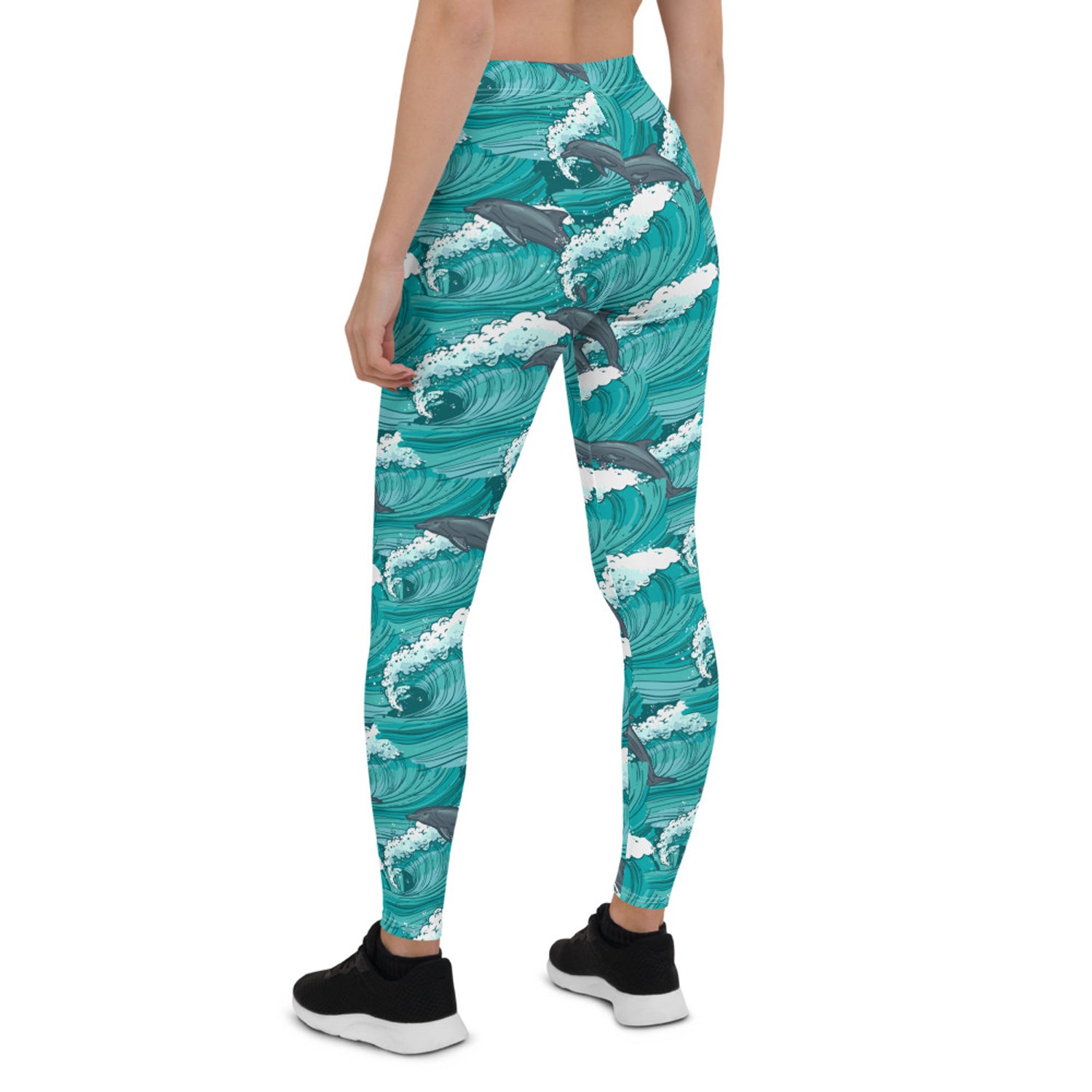 Womens Dolphin and Waves Leggings featuring a vibrant dolphin and wave design, perfect for workouts and casual wear.