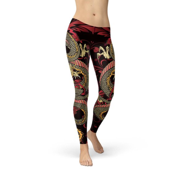 Womens Dragon Leggings featuring a vibrant dragon print, designed for comfort and performance during workouts.