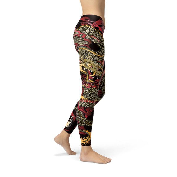 Womens Dragon Leggings featuring a vibrant dragon print, designed for comfort and performance during workouts.