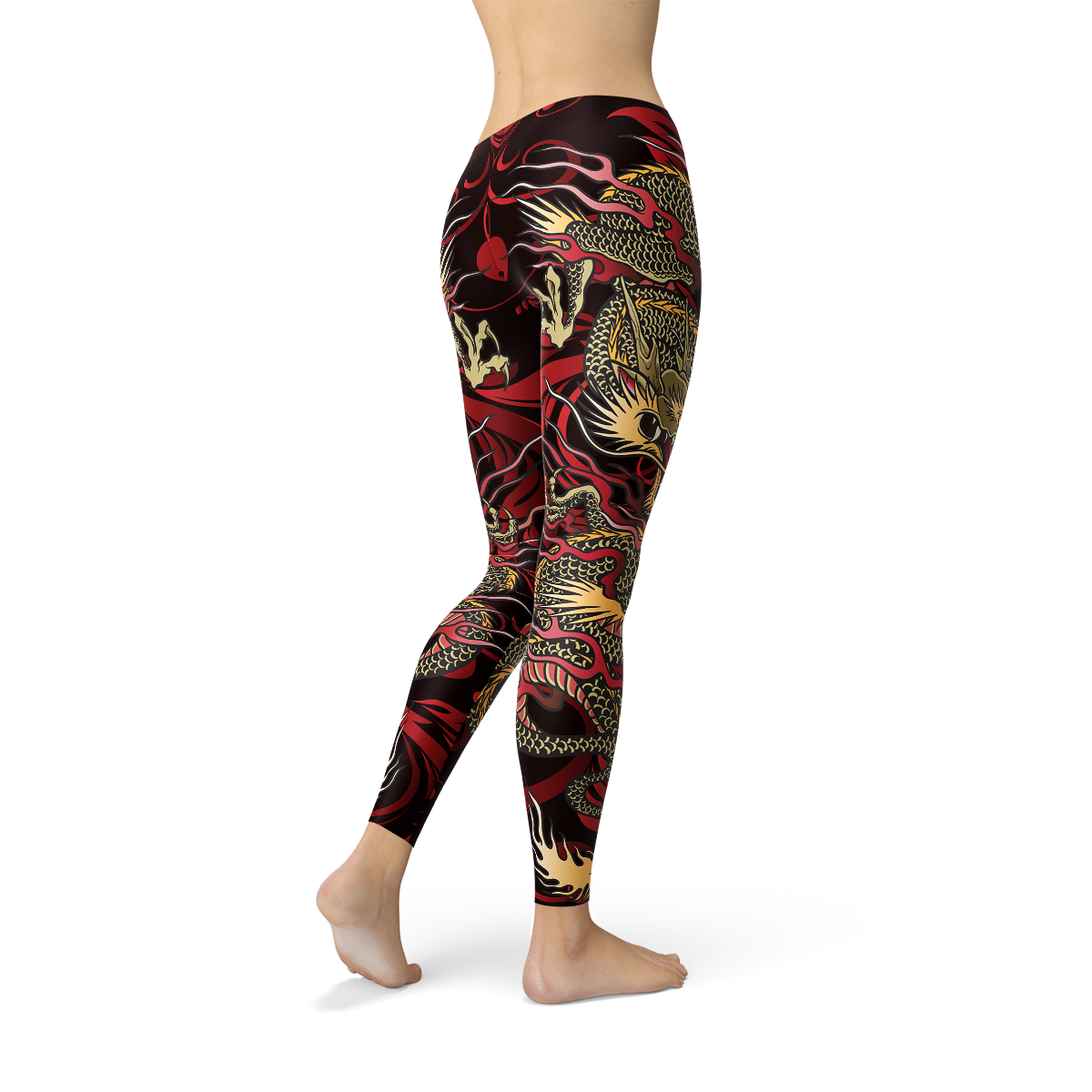 Womens Dragon Leggings featuring a vibrant dragon print, designed for comfort and performance during workouts.