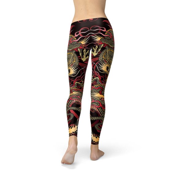 Womens Dragon Leggings featuring a vibrant dragon print, designed for comfort and performance during workouts.