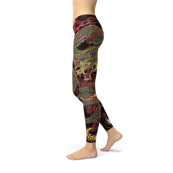 Womens Dragon Leggings featuring a vibrant dragon print, designed for comfort and performance during workouts.