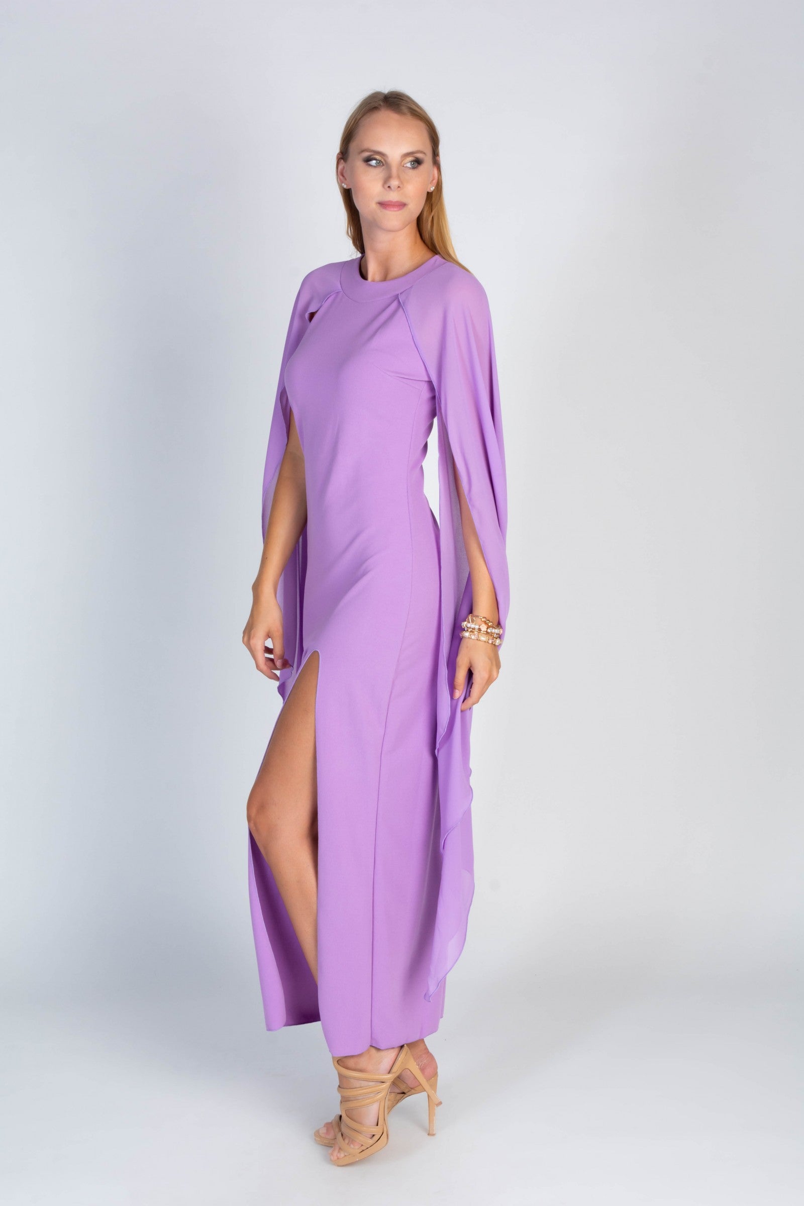 Elegant Women's Dress Ileana in lilac with round collar and side cutout design, showcasing soft fabric and hidden back zipper.