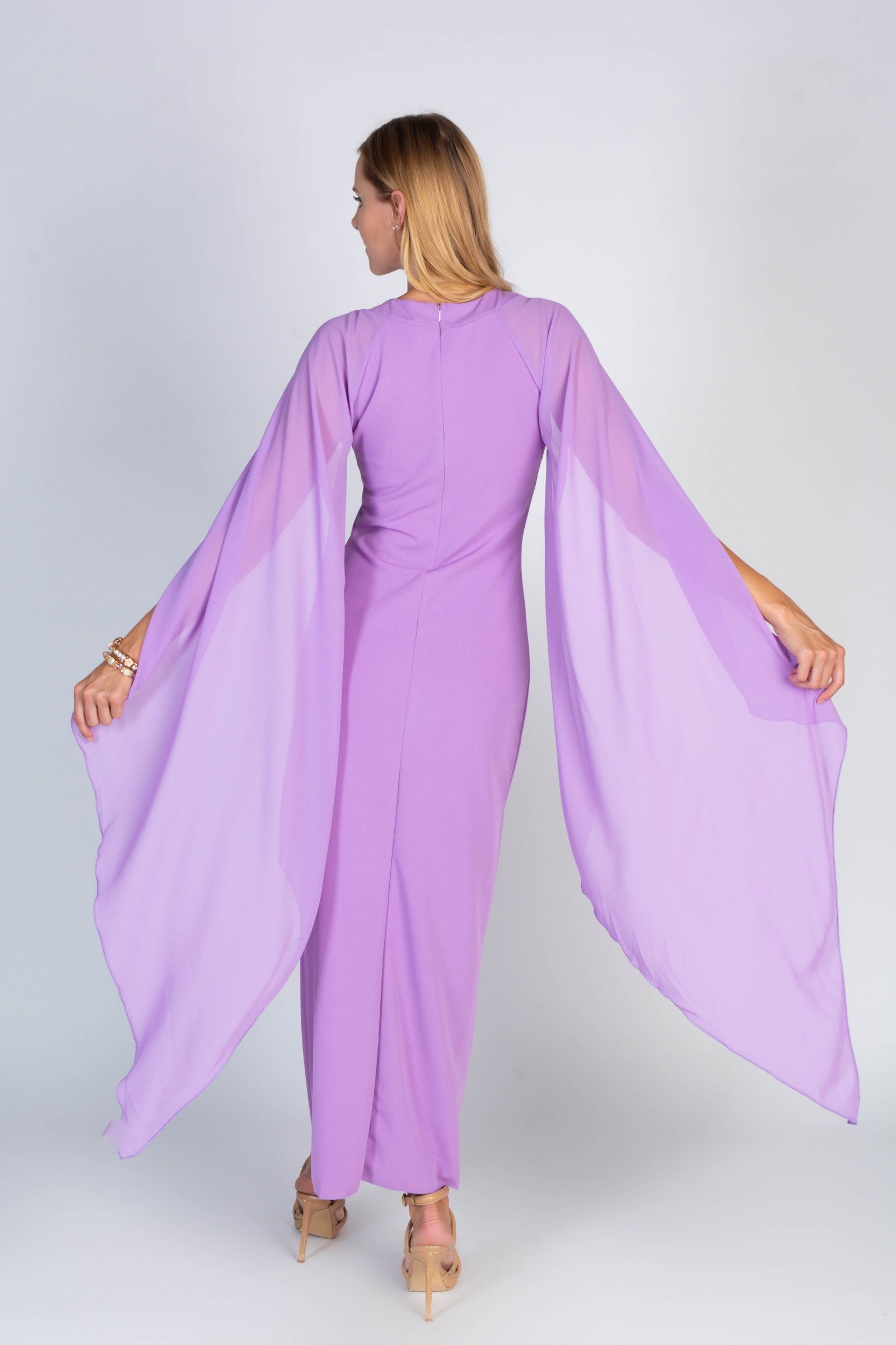 Elegant Women's Dress Ileana in lilac with round collar and side cutout design, showcasing soft fabric and hidden back zipper.