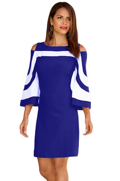 Elegant blue women's dress with 3/4 bell sleeves and mid-thigh length, featuring a back zipper.