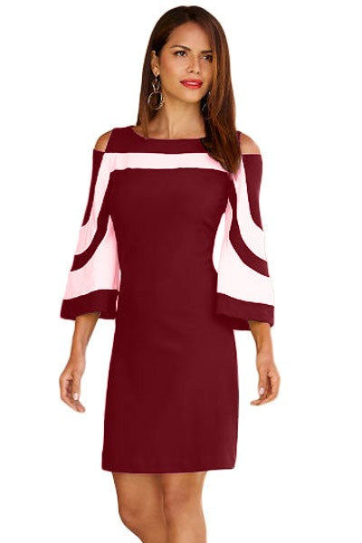 Elegant women's dress in Bordo with 3/4 bell sleeves and mid-thigh length, featuring a back zipper.