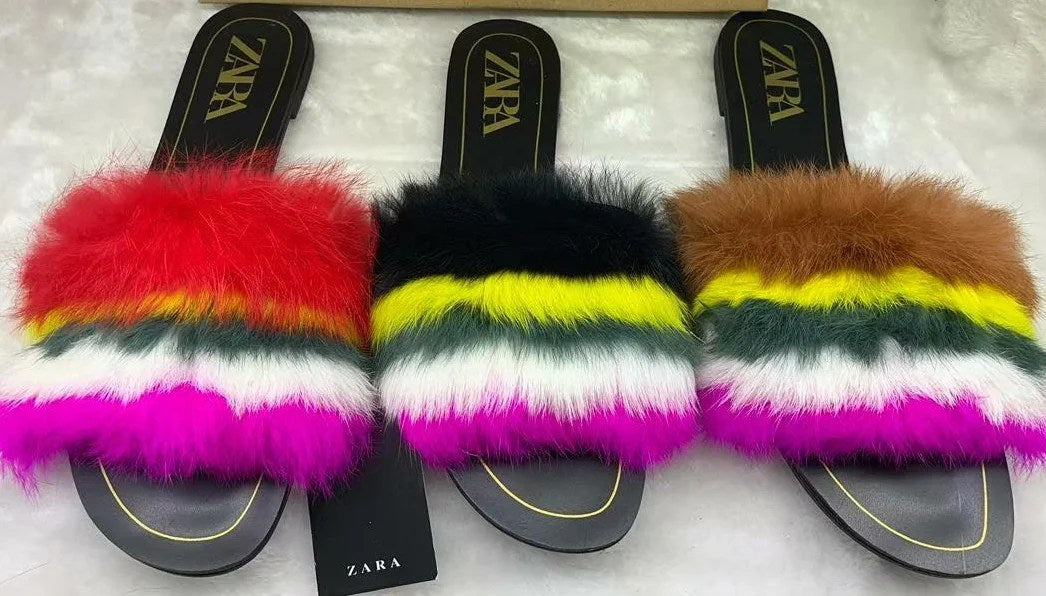 A pair of stylish Women's Fashion Flat Fur Sandals featuring soft fur lining and a trendy design, perfect for summer outings.