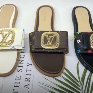 A pair of stylish Women's Fashion Flat Slide Sandals with LV design, perfect for casual wear and travel.