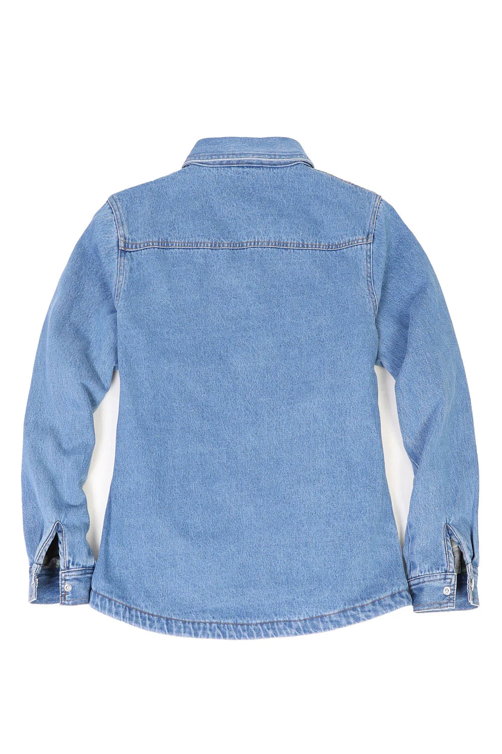 Women's flannel-lined denim shirt jacket featuring snap buttons, chest pockets, and side pockets, perfect for stylish warmth.