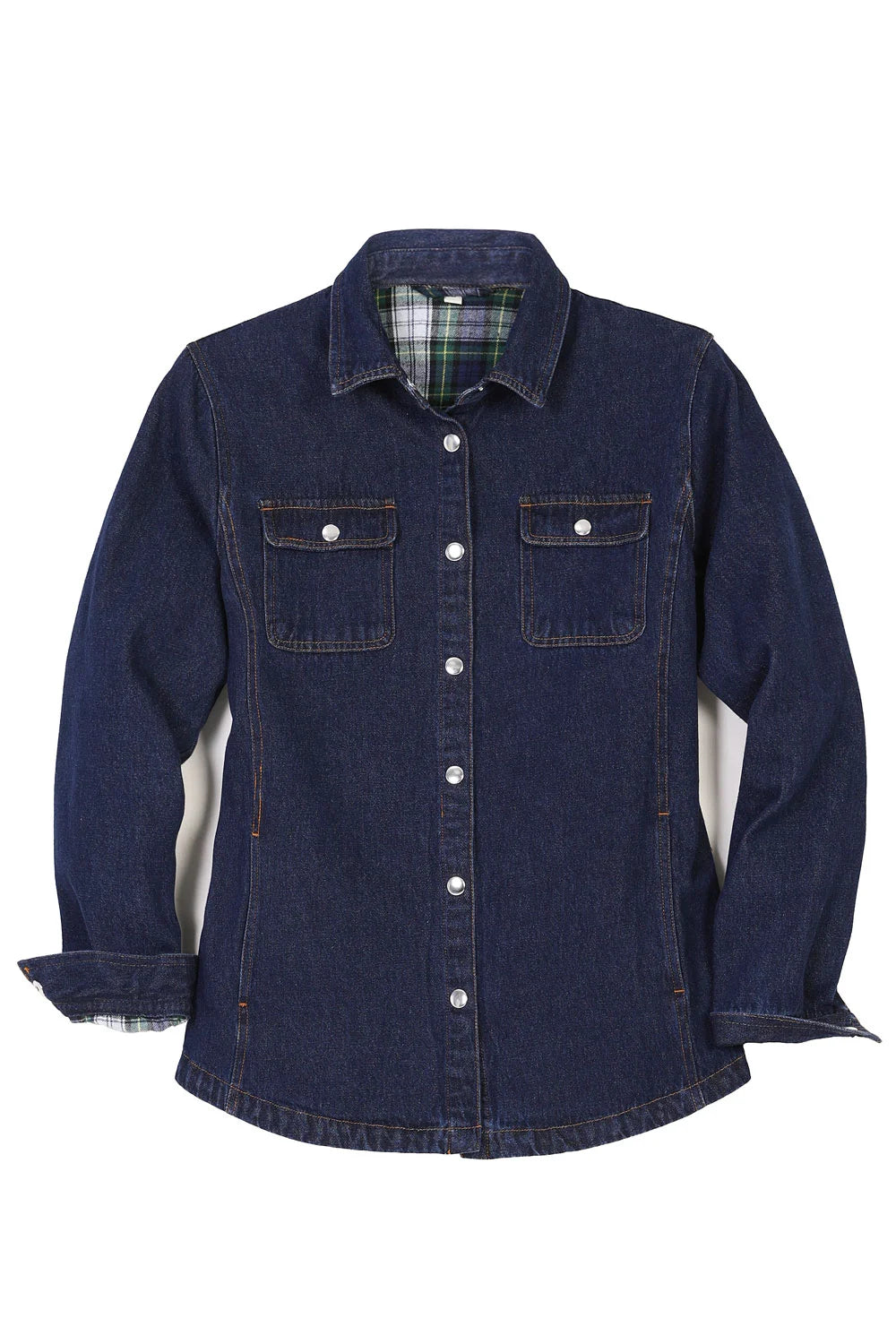 Women's flannel-lined denim shirt jacket featuring snap buttons, chest pockets, and side pockets, perfect for stylish warmth.