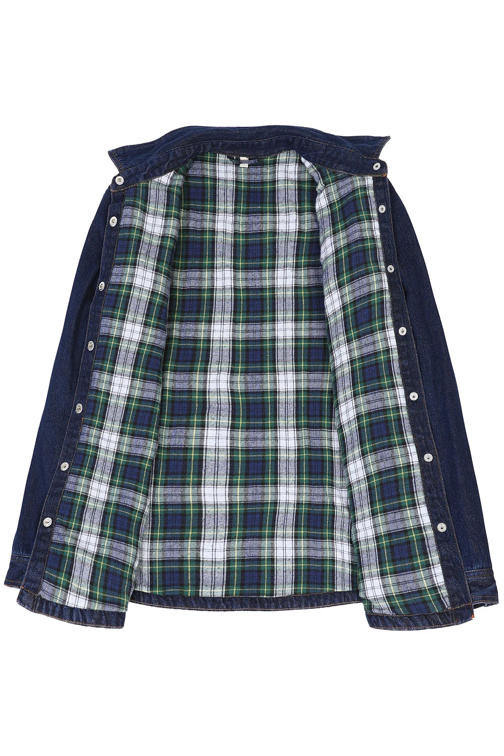 Women's flannel-lined denim shirt jacket featuring snap buttons, chest pockets, and side pockets, perfect for stylish warmth.