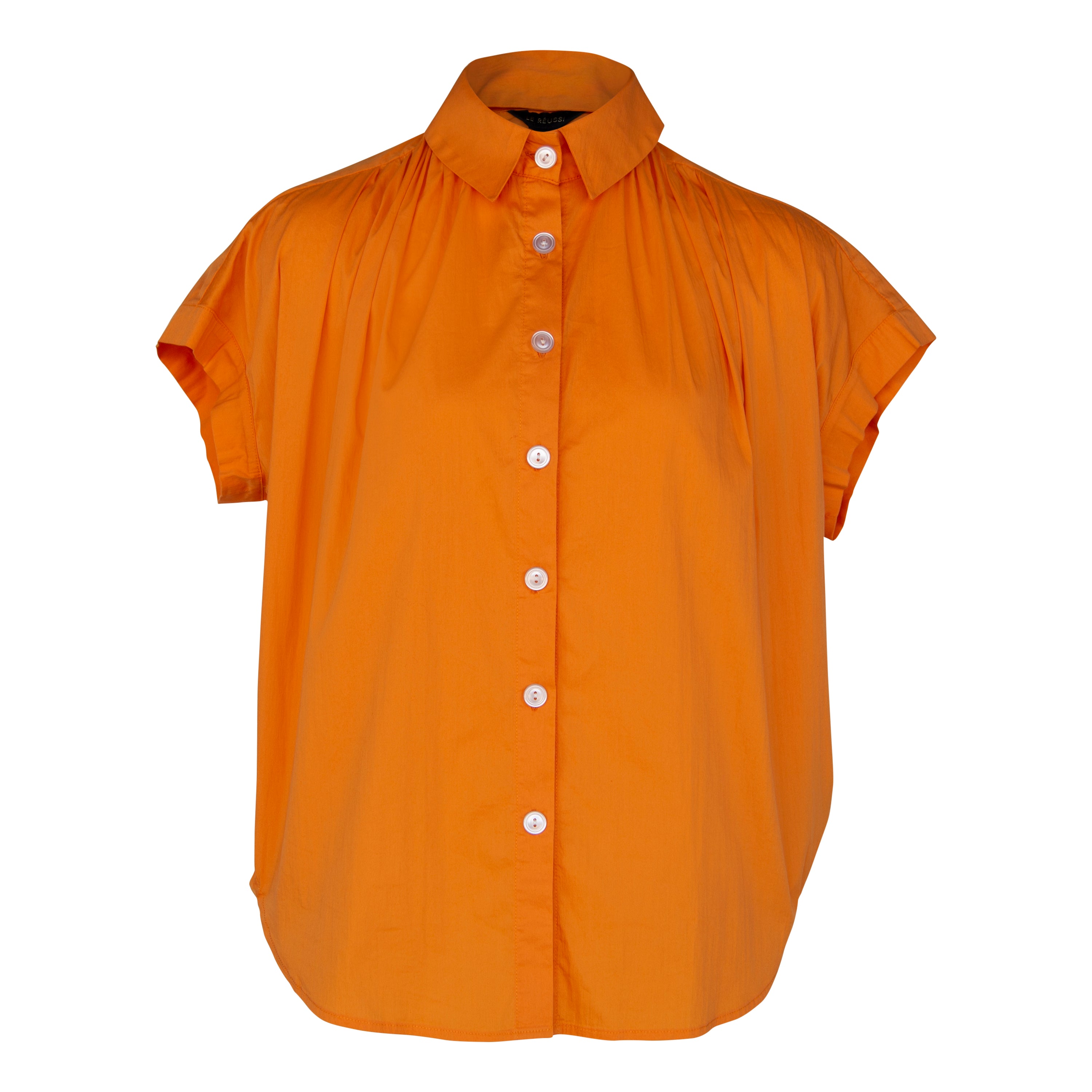 Women's Gather Collar Shirt in vibrant orange, featuring a stylish gather collar design, perfect for office wear.