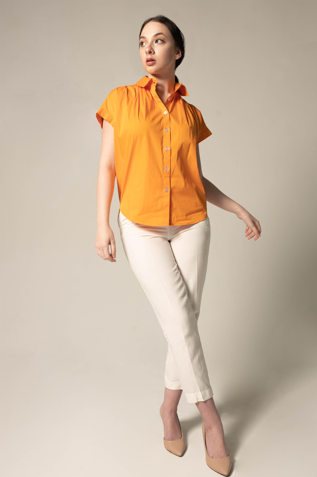 Women's Gather Collar Shirt in vibrant orange, featuring a stylish gather collar design, perfect for office wear.