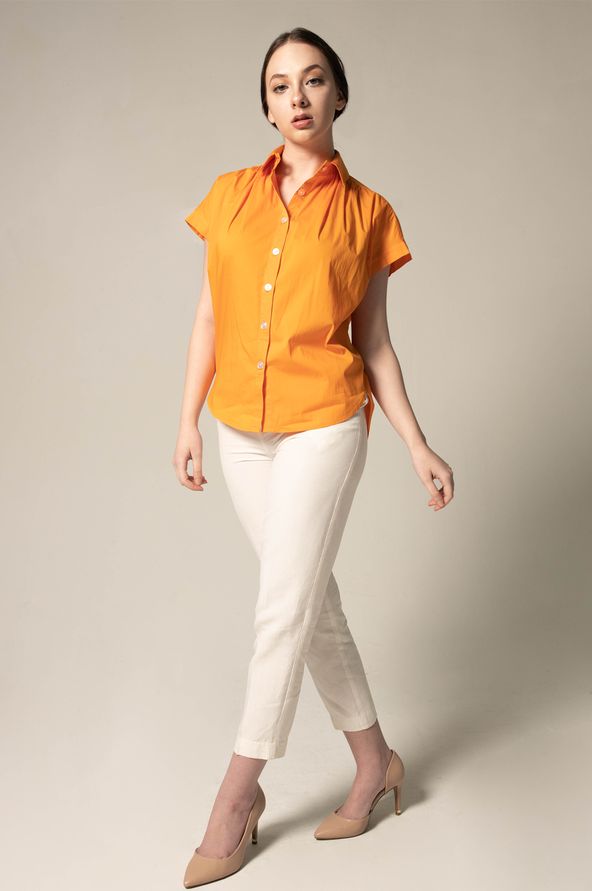 Women's Gather Collar Shirt in vibrant orange, featuring a stylish gather collar design, perfect for office wear.