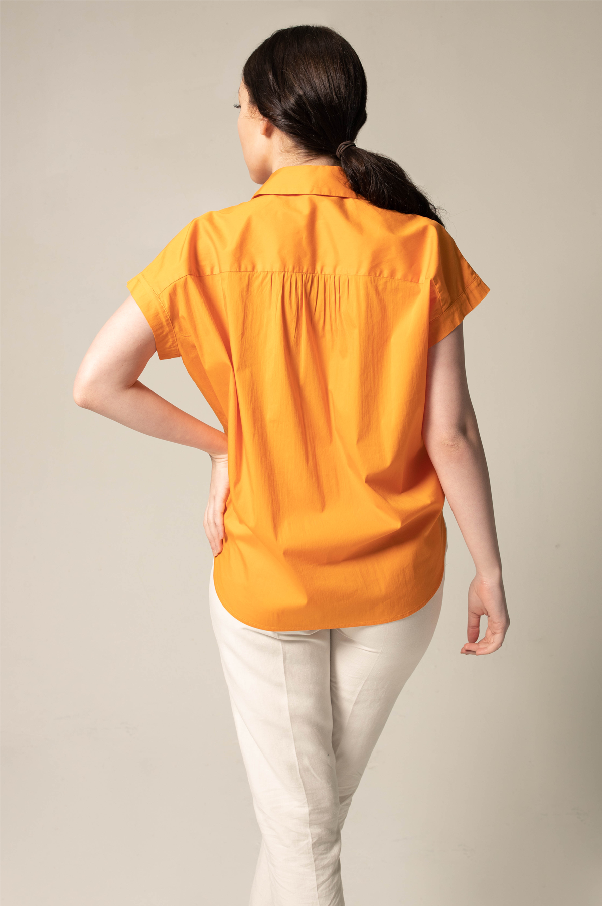 Women's Gather Collar Shirt in vibrant orange, featuring a stylish gather collar design, perfect for office wear.