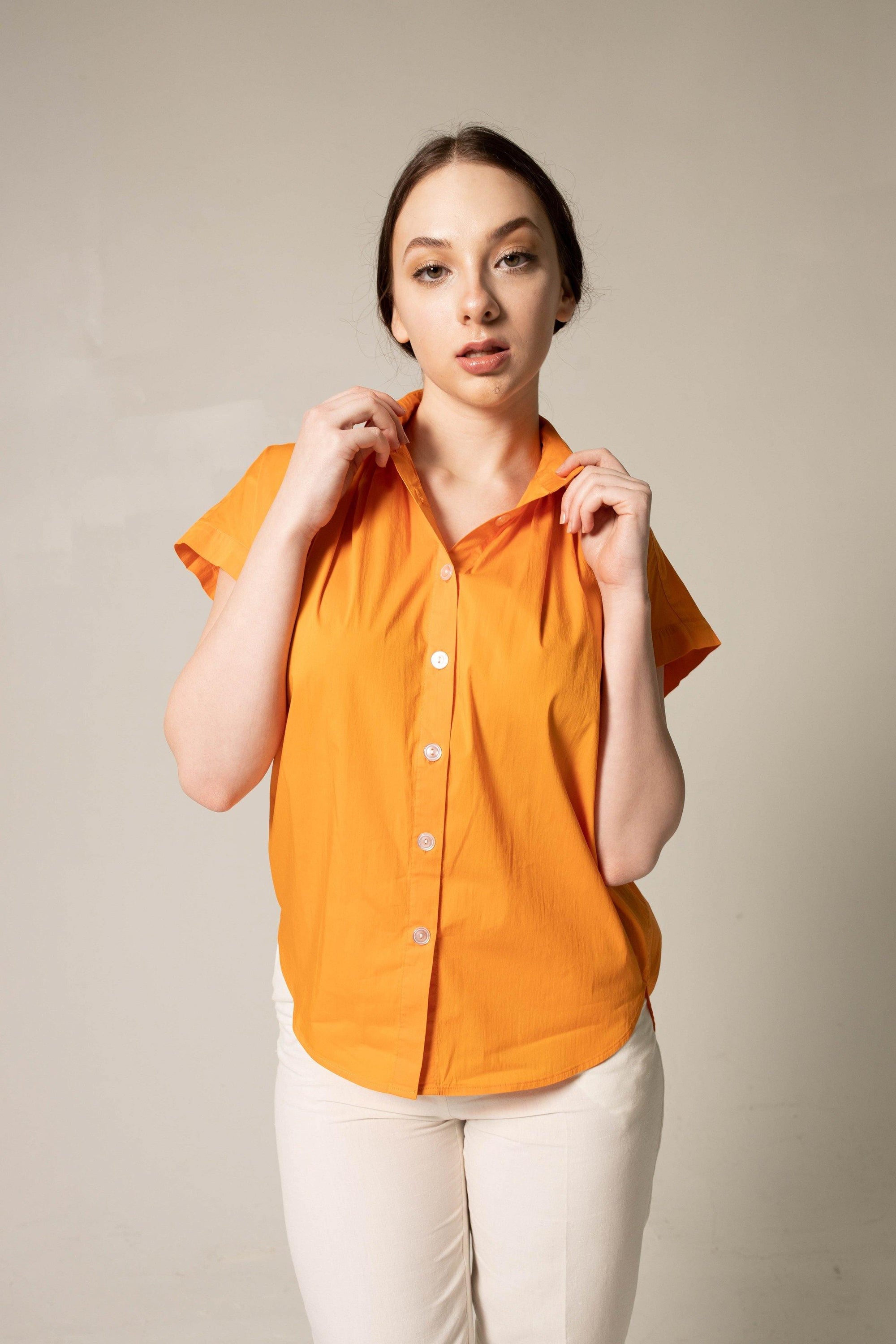 Women's Gather Collar Shirt in vibrant orange, featuring a stylish gather collar design, perfect for office wear.