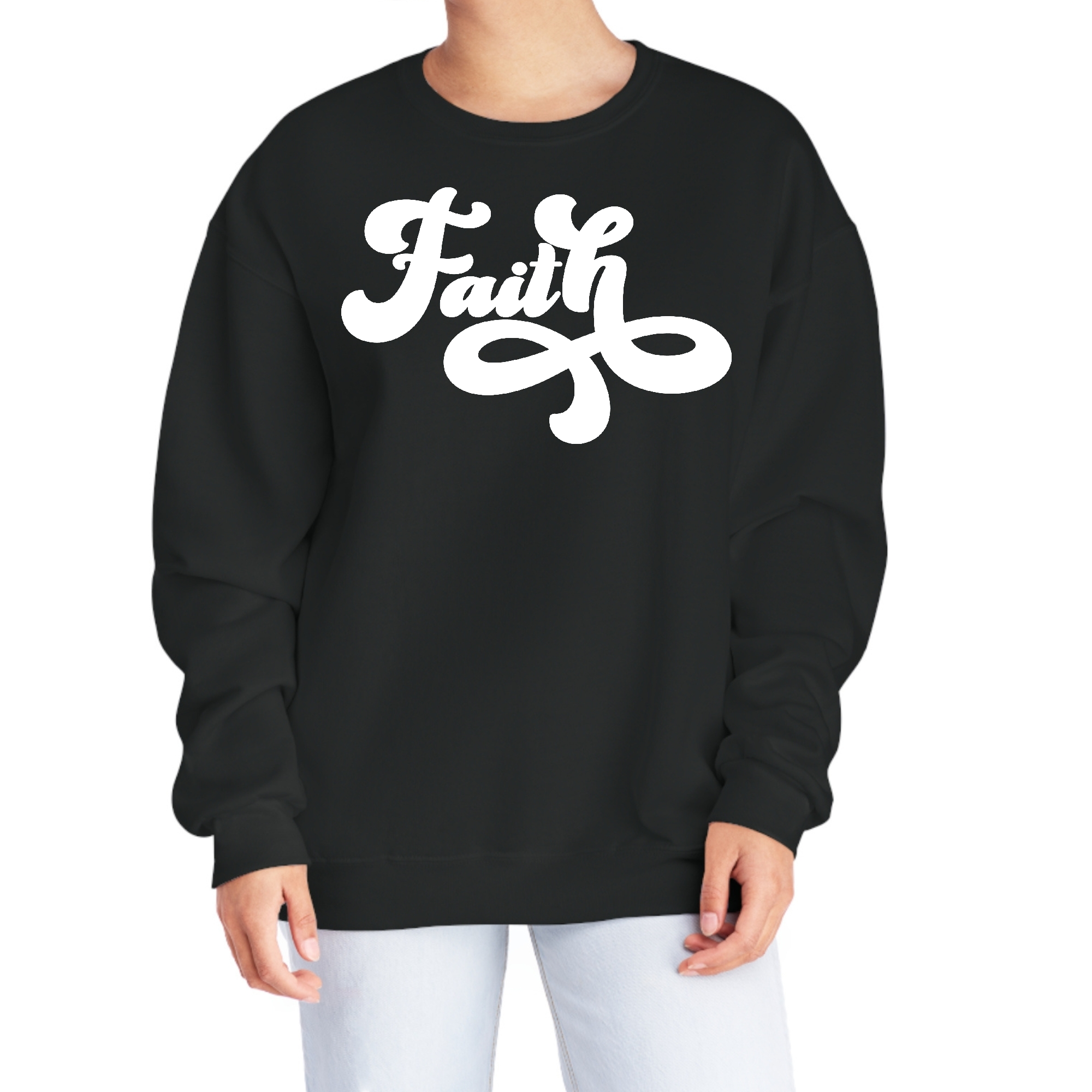 Women's Graphic Sweatshirt featuring a stylish Faith Script illustration, showcasing a soft fabric and unisex fit.