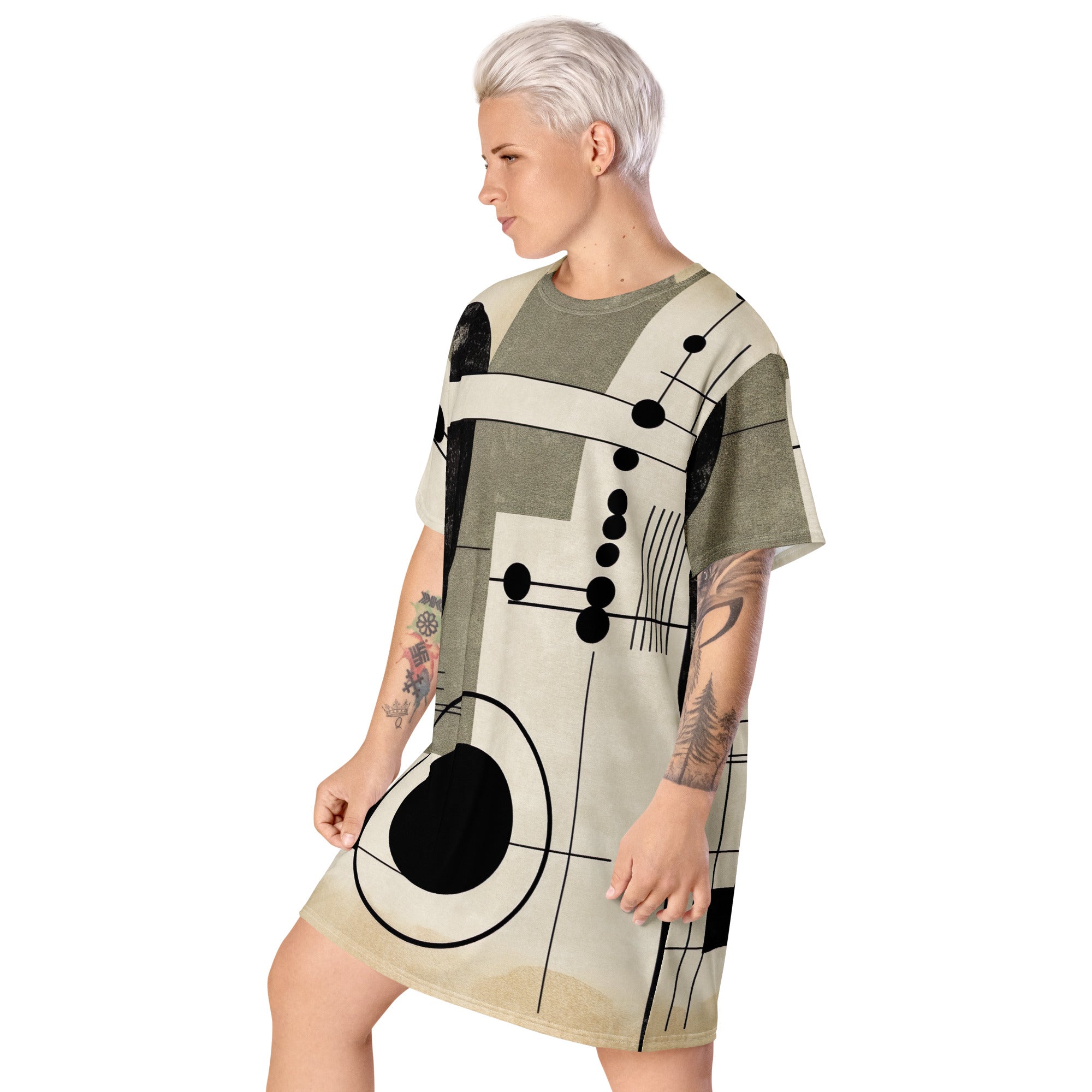 Womens Graphic T-shirt Dress featuring abstract black, beige, and brown geometric shapes, showcasing its oversized fit and stylish design.