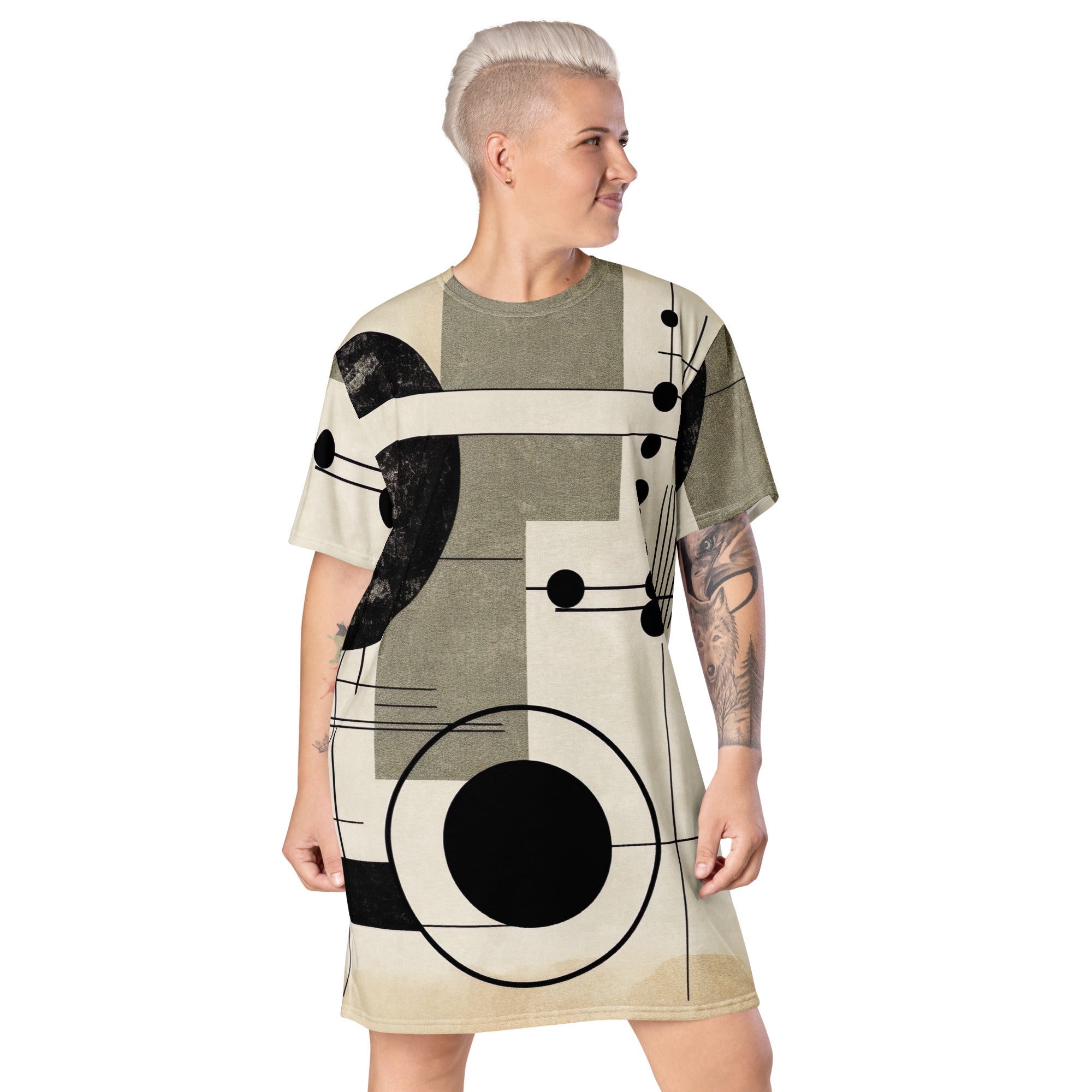 Womens Graphic T-shirt Dress featuring abstract black, beige, and brown geometric shapes, showcasing its oversized fit and stylish design.